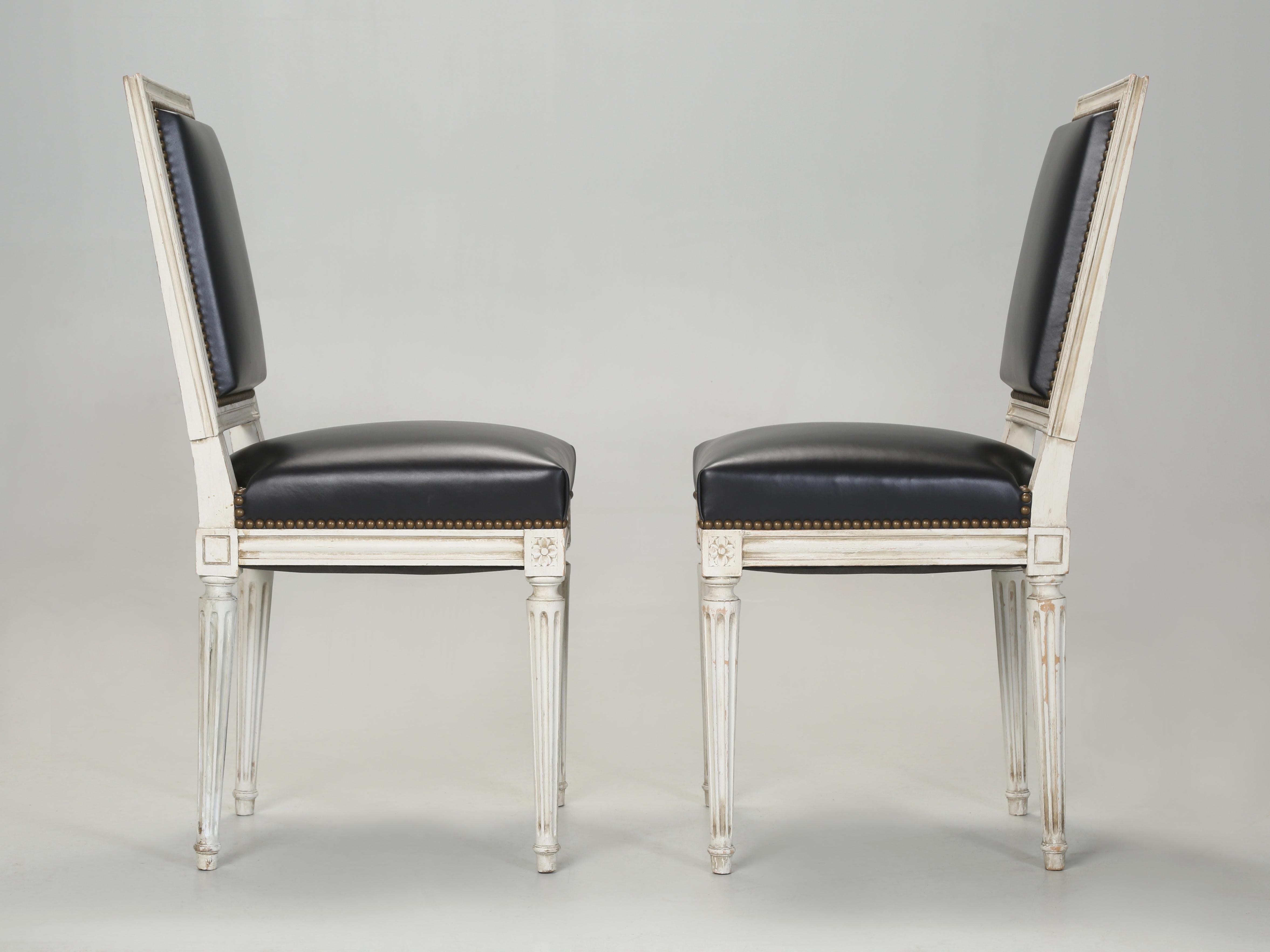 Vintage French Pair of Louis XVI Style Chairs Black Leather Horsehair Restored 7