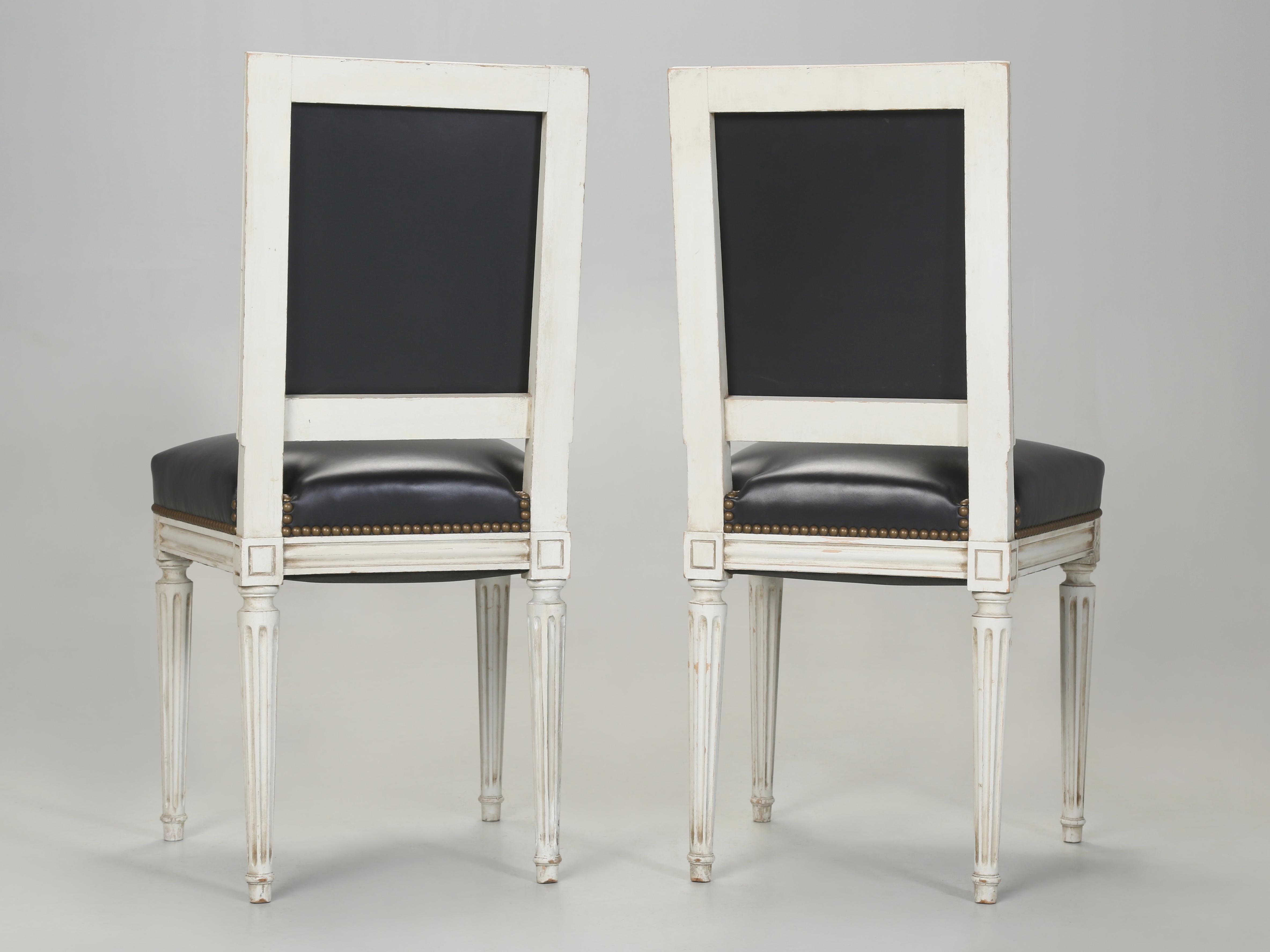 Vintage French Pair of Louis XVI Style Chairs Black Leather Horsehair Restored 8