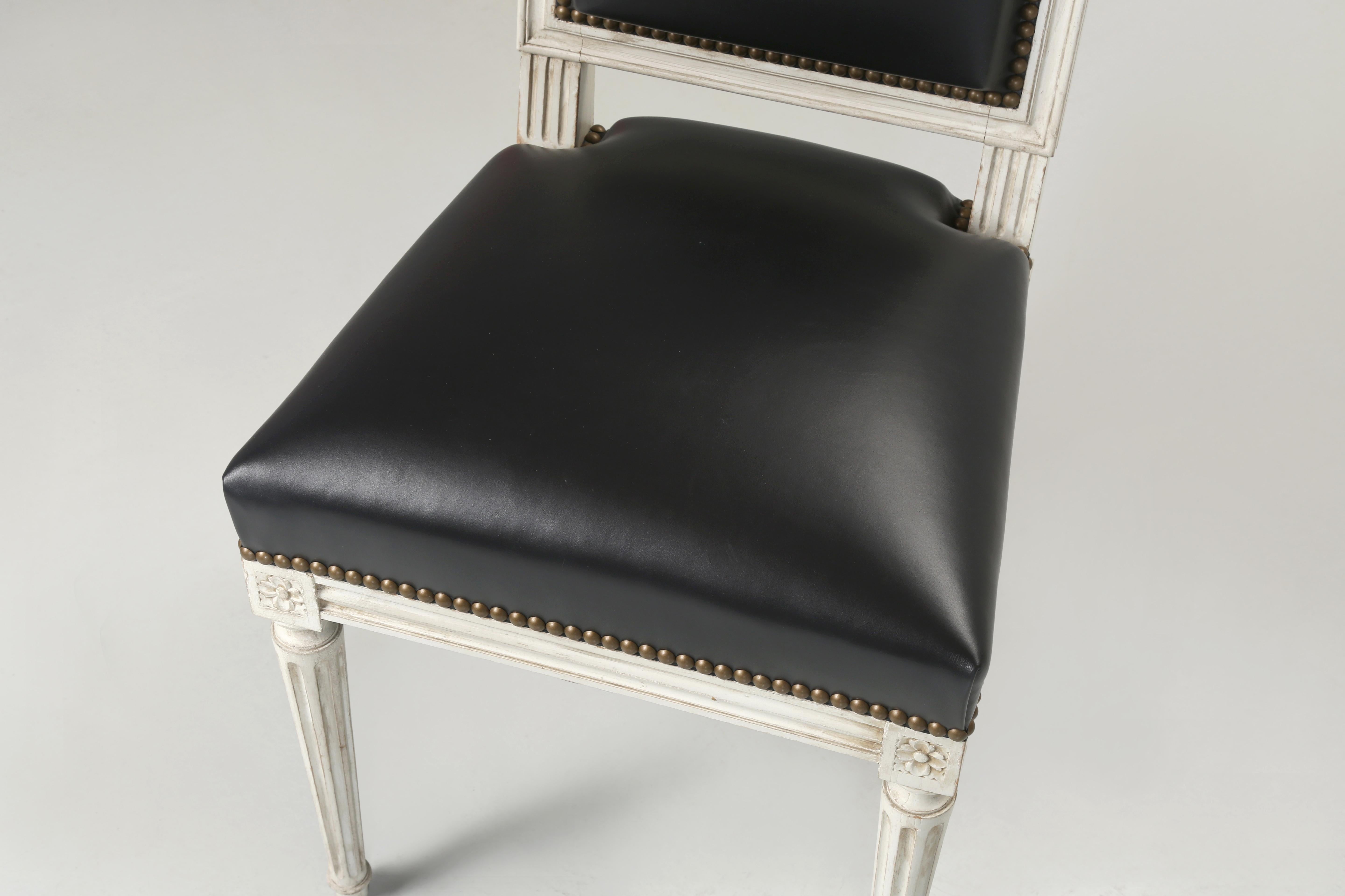 Vintage French Pair of Louis XVI Style Chairs Black Leather Horsehair Restored 1