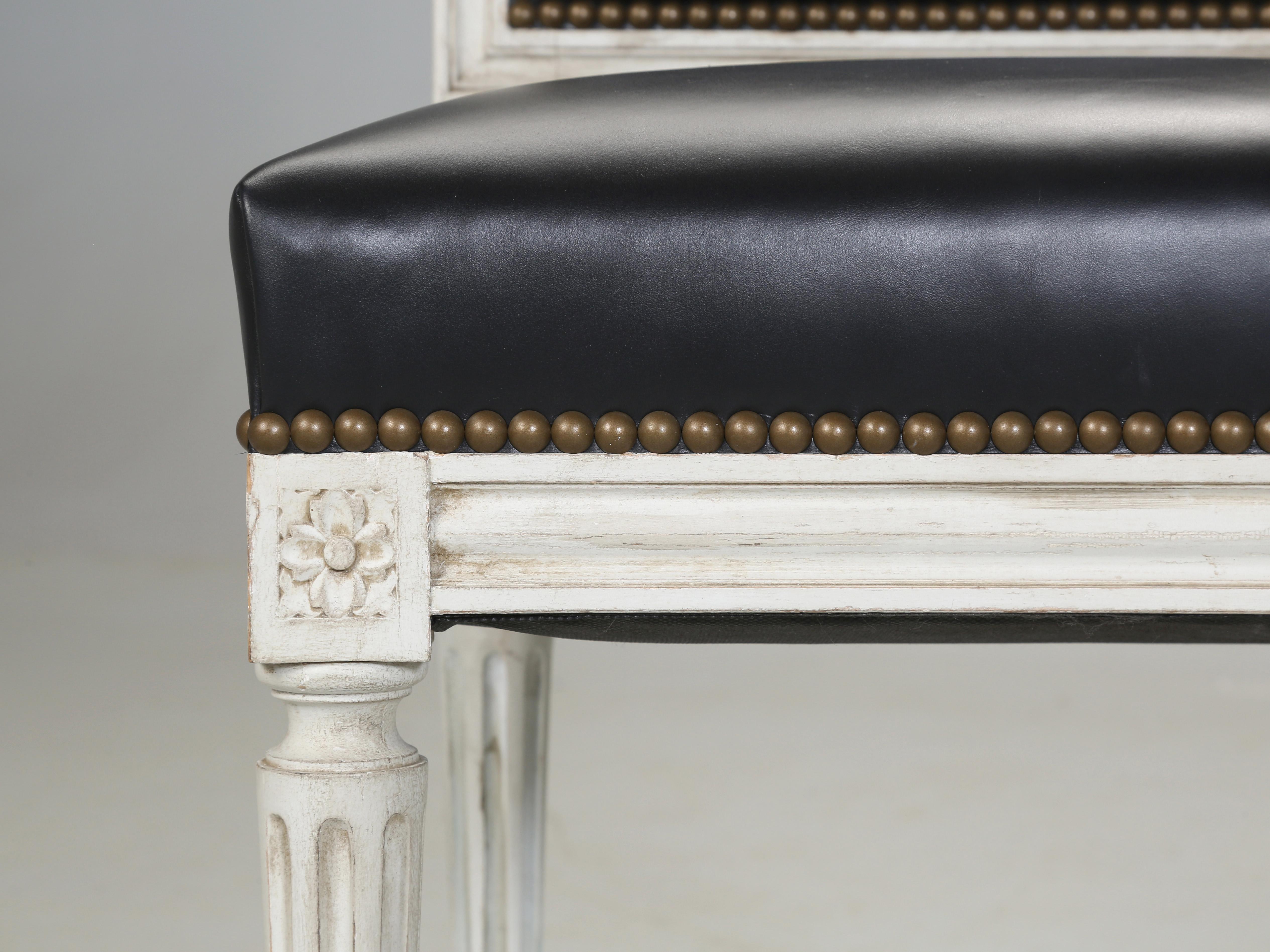 Vintage French Pair of Louis XVI Style Chairs Black Leather Horsehair Restored 2