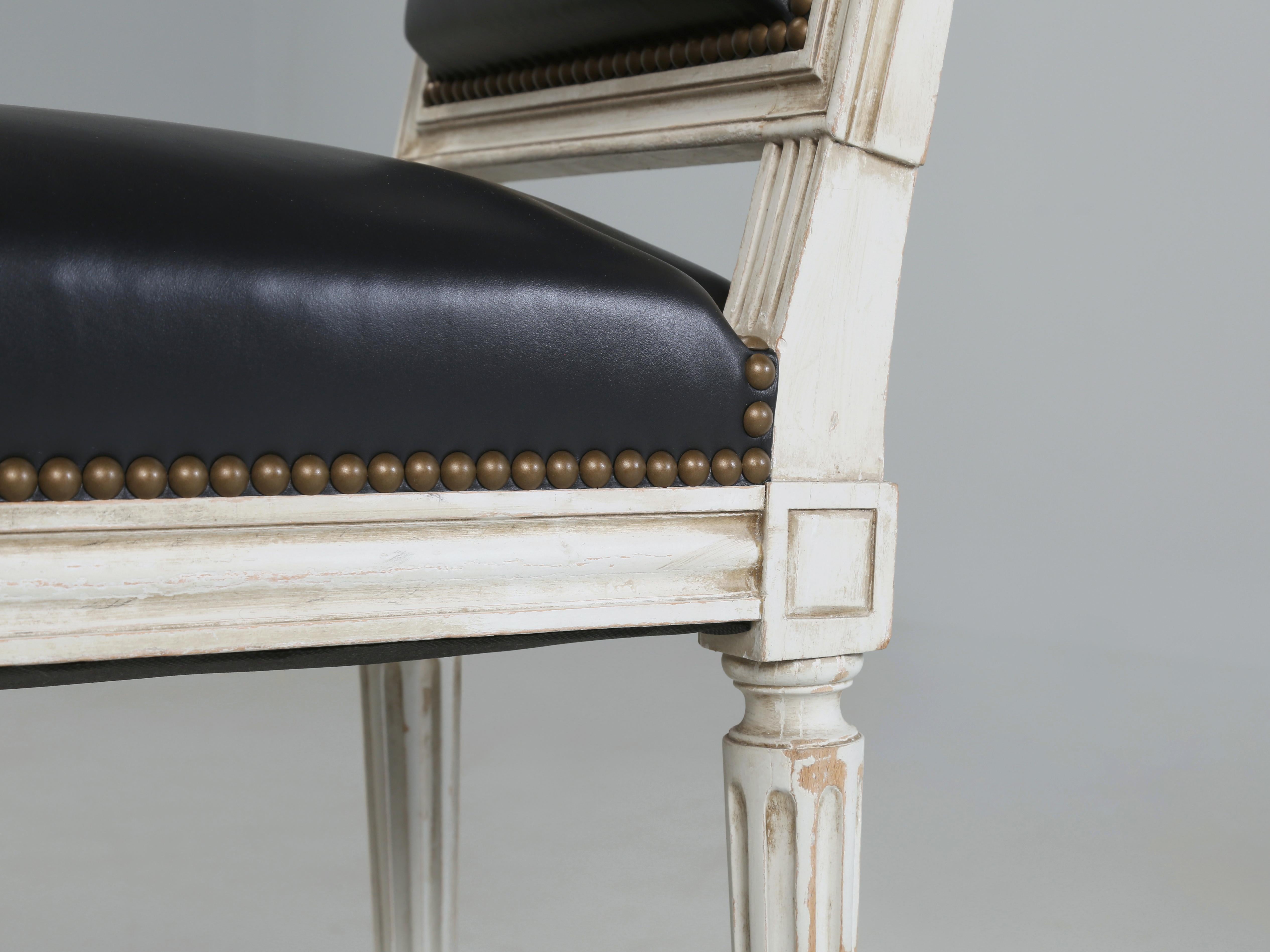 Vintage French Pair of Louis XVI Style Chairs Black Leather Horsehair Restored 4