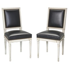 Vintage French Pair of Louis XVI Style Chairs Black Leather Horsehair Restored