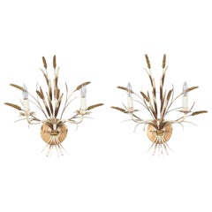 Vintage French Pair of Metal Sconces with Wheat Motif, 1940s