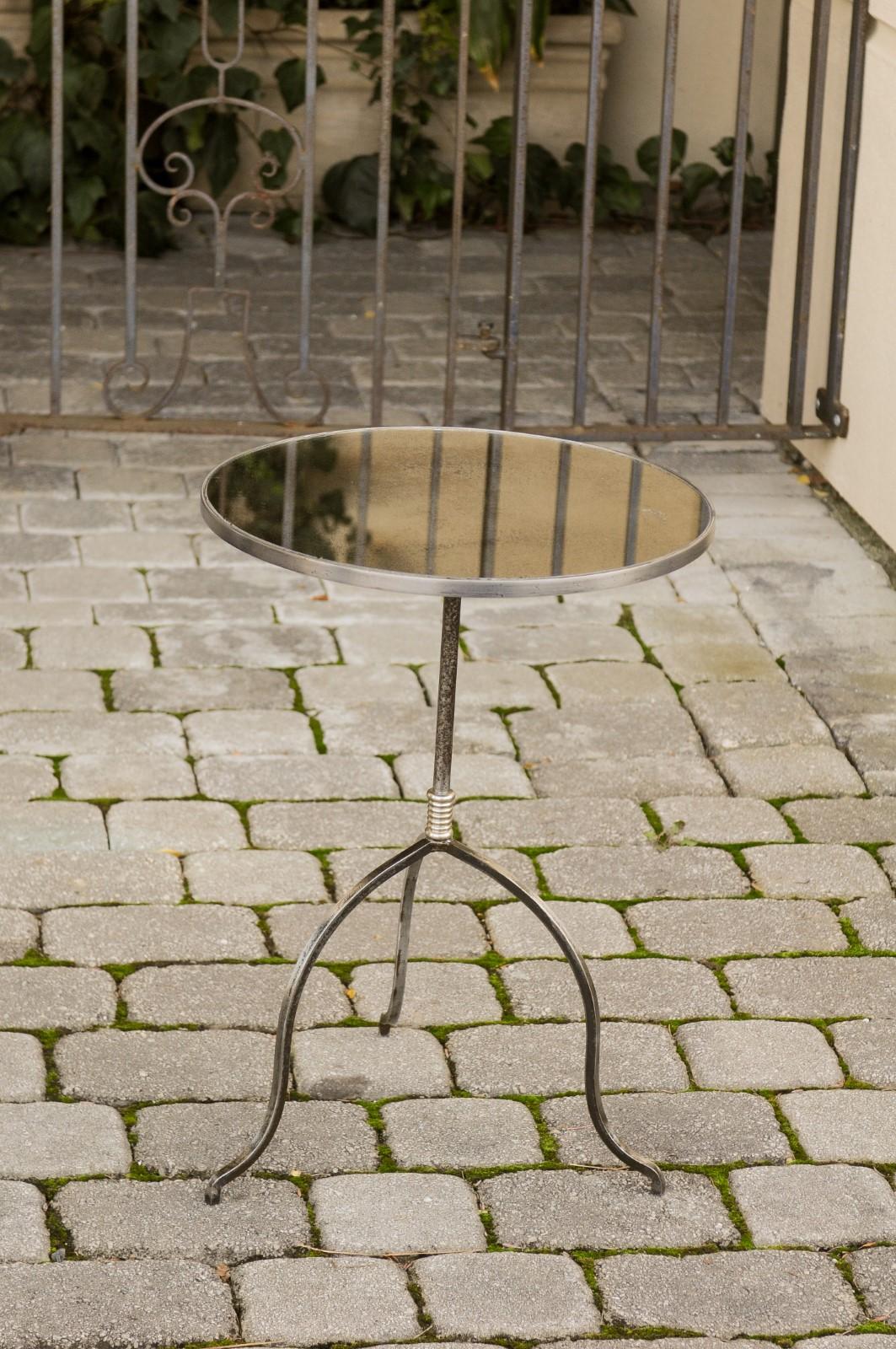 20th Century Vintage French Pair of Midcentury Steel Side Tables with Antiqued Mirror Tops