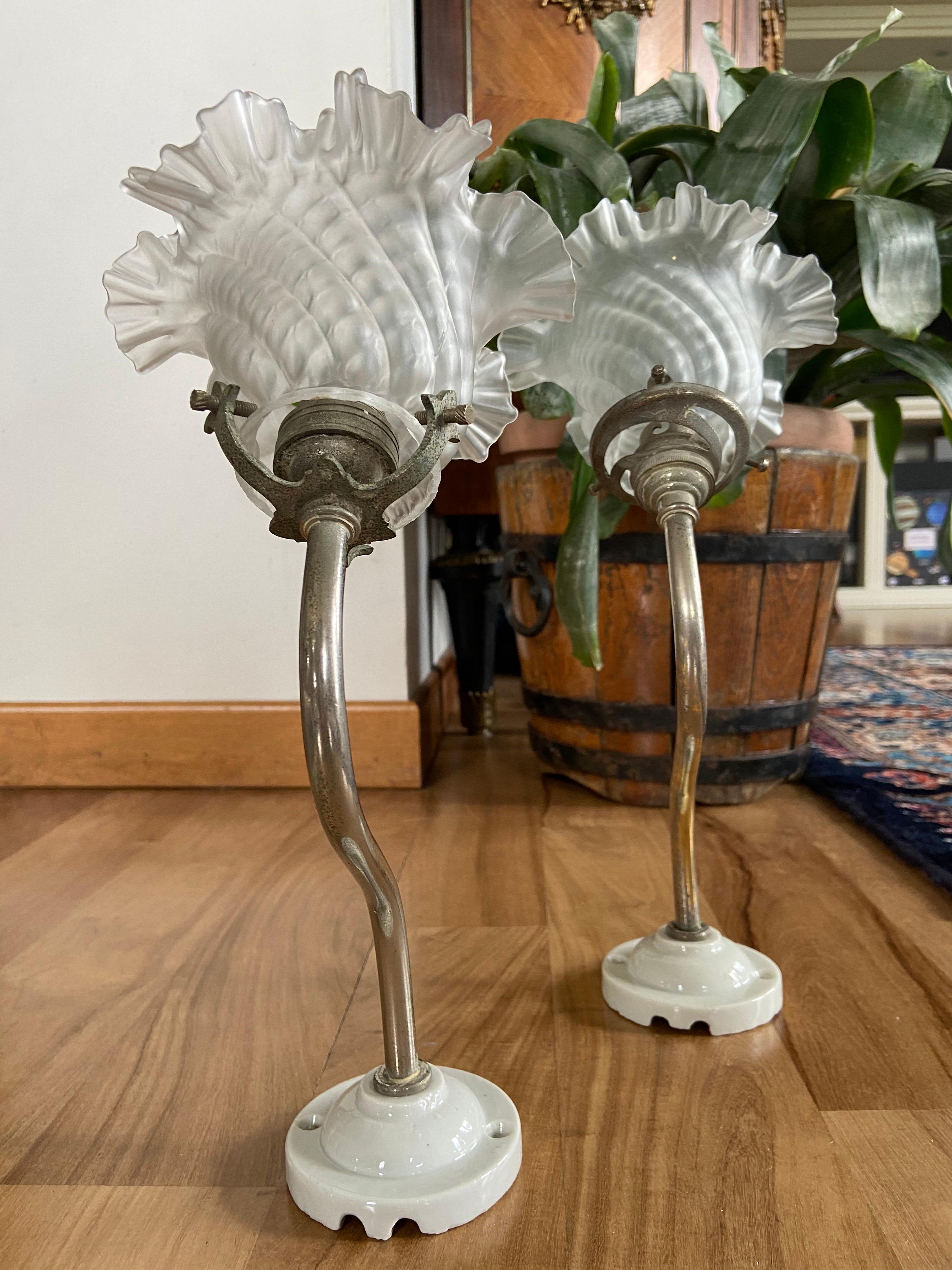 Vintage French Pair of Wall Metal Lamps with Handmade Glass Flower Shades In Good Condition For Sale In Sofia, BG