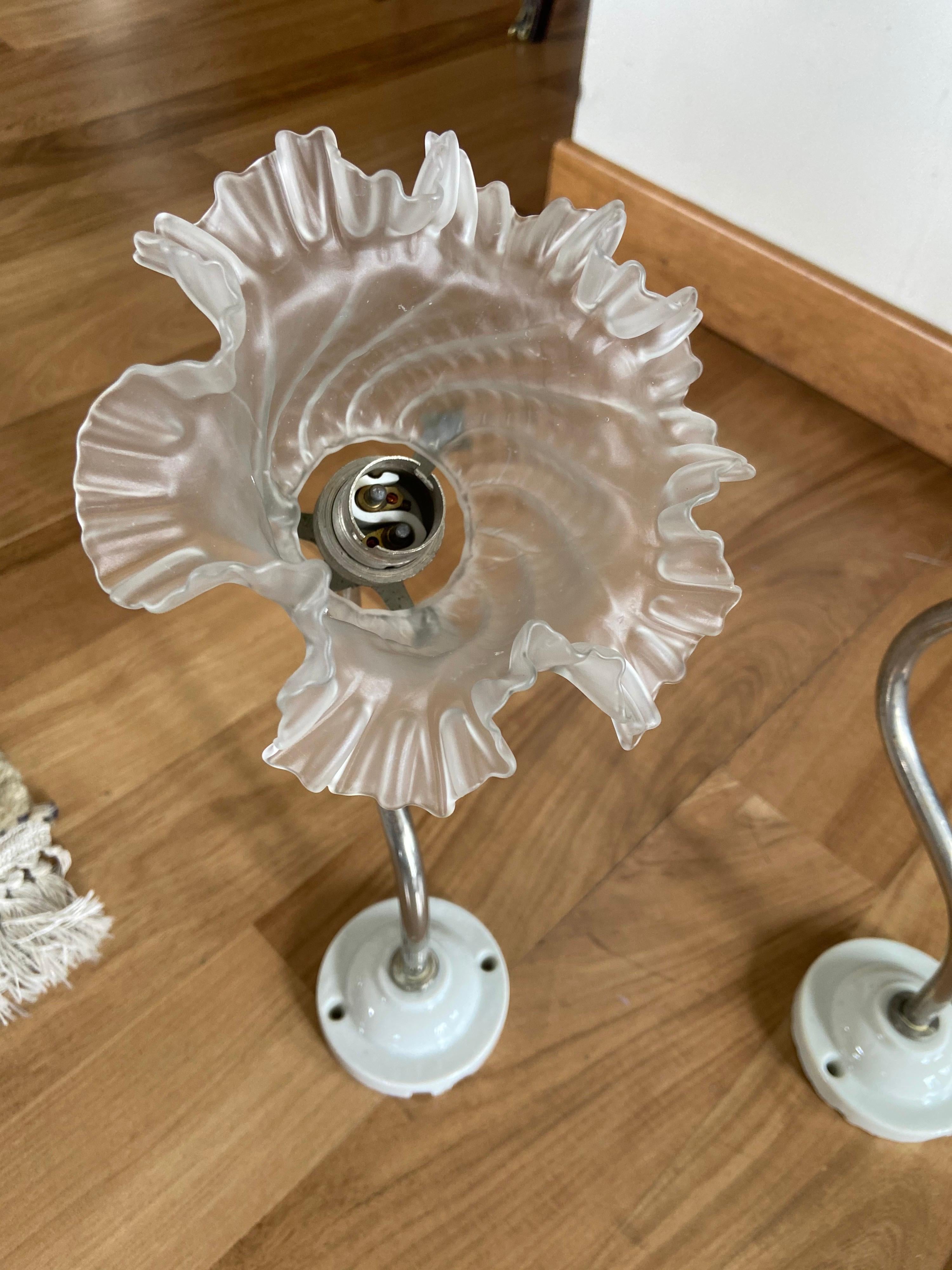 20th Century Vintage French Pair of Wall Metal Lamps with Handmade Glass Flower Shades For Sale