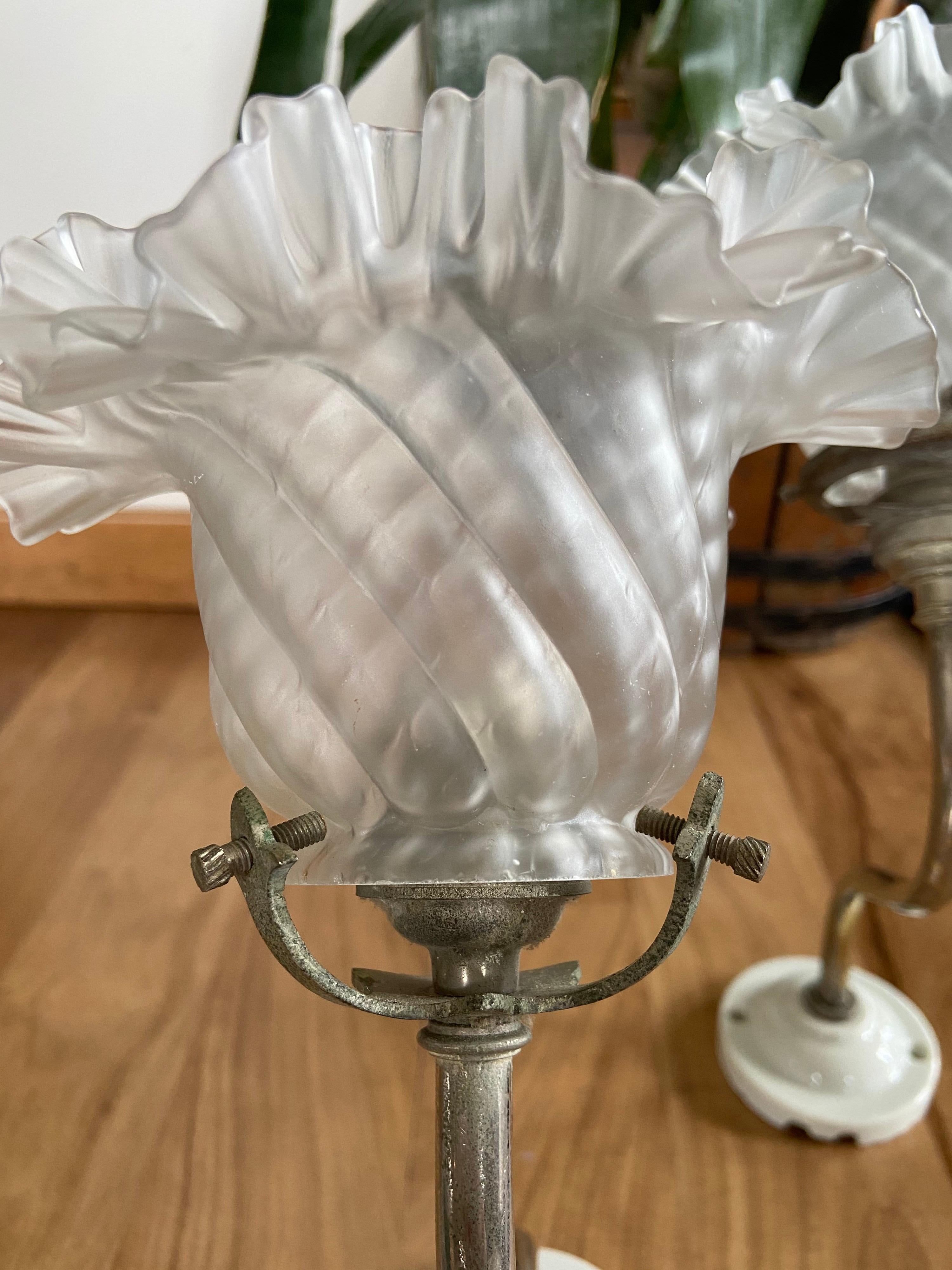 Vintage French Pair of Wall Metal Lamps with Handmade Glass Flower Shades For Sale 2