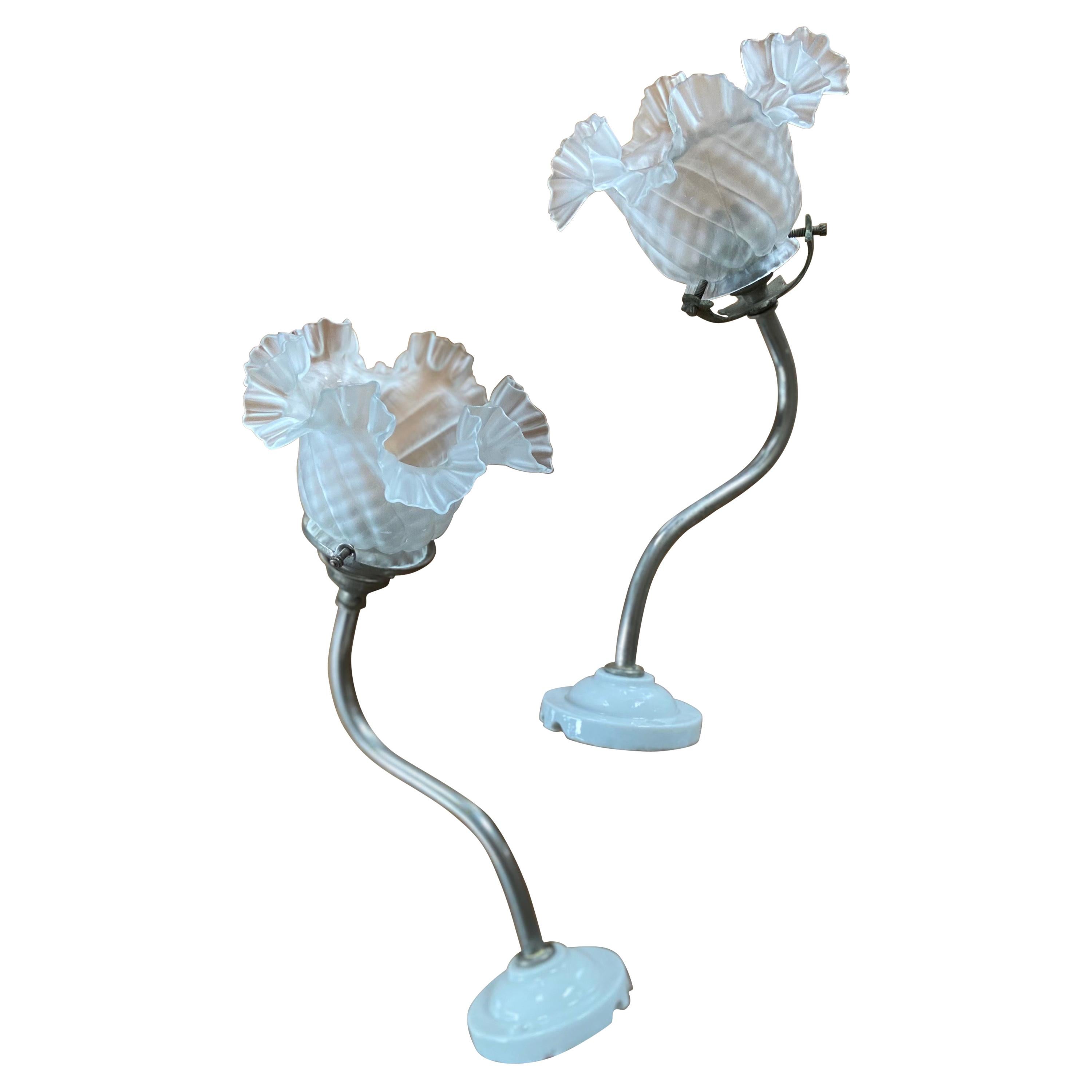 Vintage French Pair of Wall Metal Lamps with Handmade Glass Flower Shades For Sale