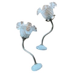 Vintage French Pair of Wall Metal Lamps with Handmade Glass Flower Shades
