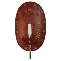 Vintage French Pair Oversized Tole Oval Hand Painted Floral Sconces