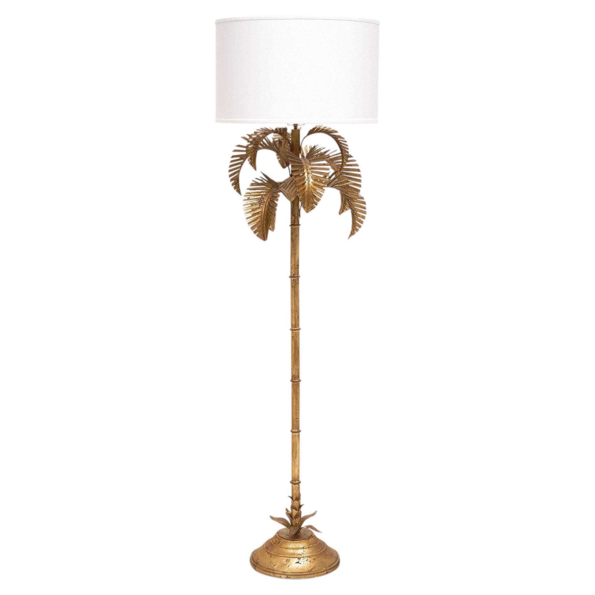 Vintage French Palm Leaf Floor Lamp, Gold Metal, Mid-Century 1960