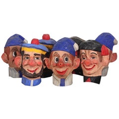 Têtes de Carnaval Peintes en Papier Mâché Vintage Français