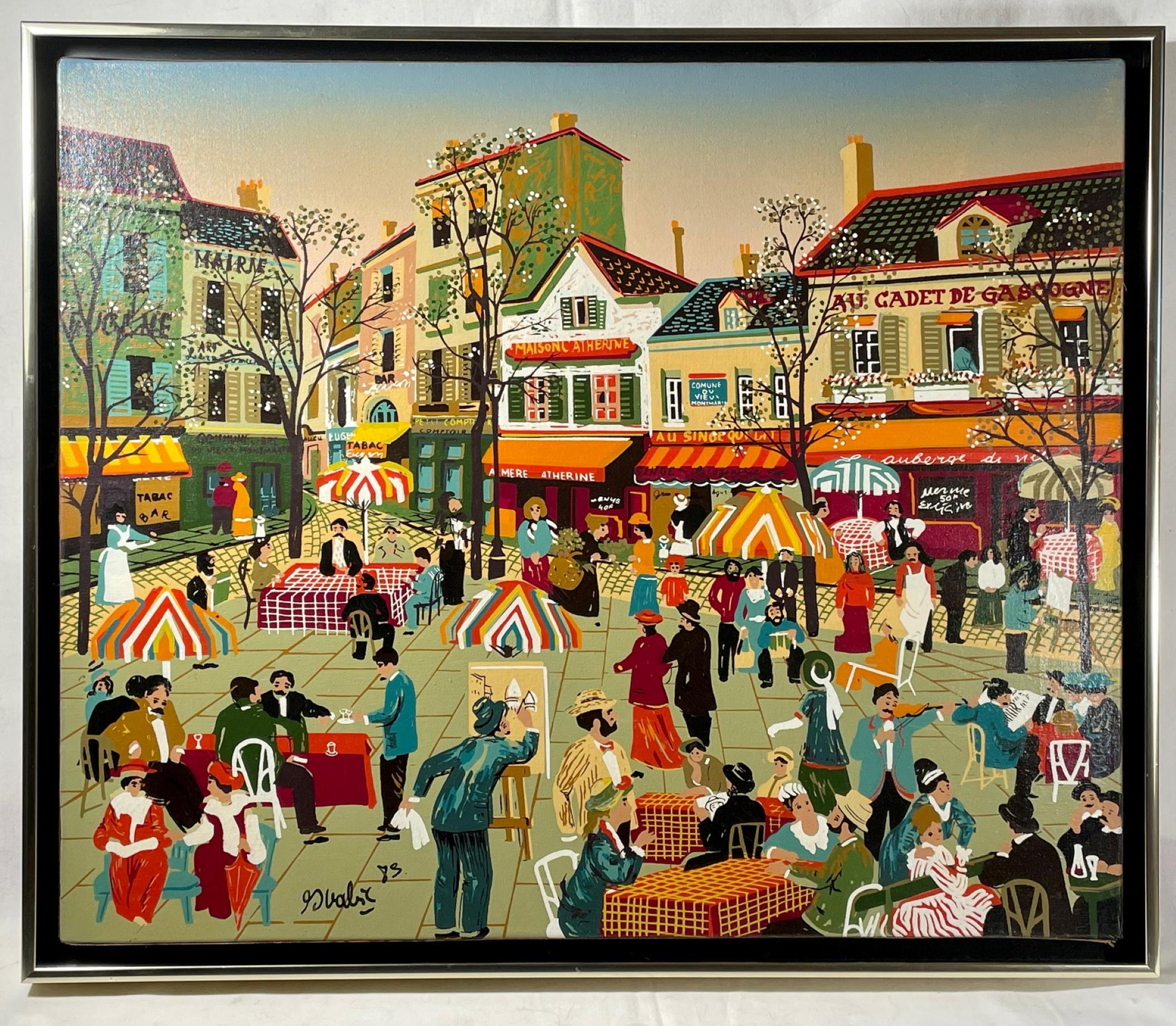 Vintage French Parisian Folk Art Signed painting.

This charming Folk Art painting of Parisian life is created in the style of Michel Delacroix. The colorful scene displays a simpler Paris of the past at the Place du Tertre on top of a hill next