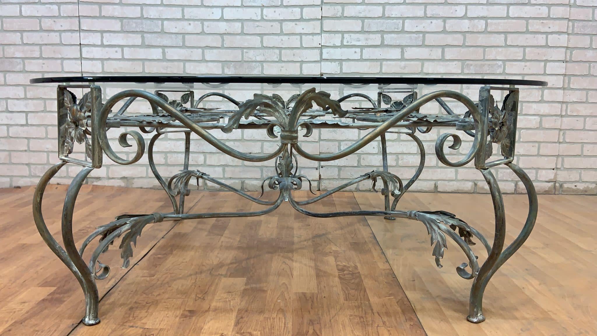 Vintage French Parisian Wrought Iron Octagonal Glass Top Coffee Table For Sale 5