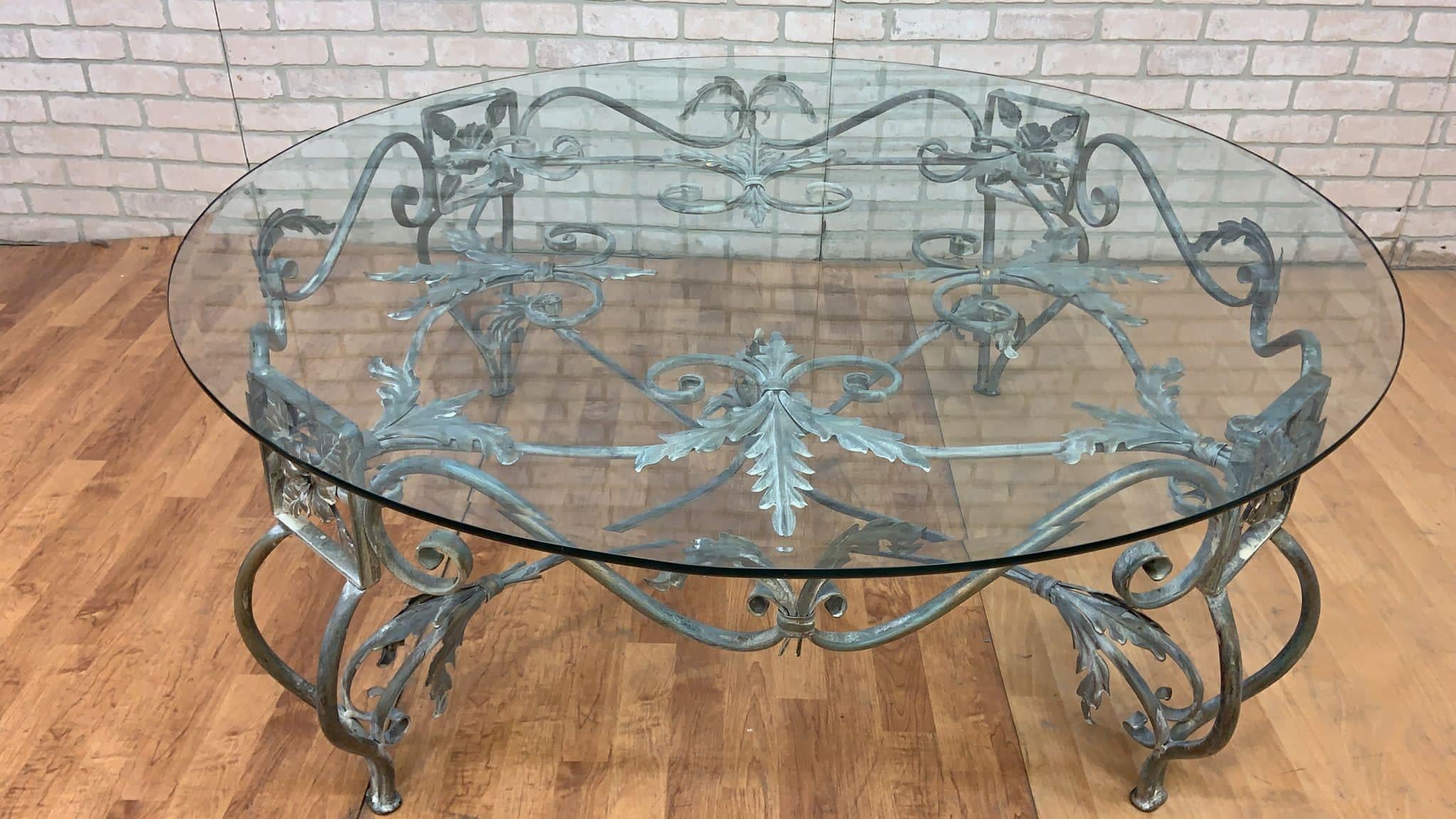 Vintage French Parisian Wrought Iron Octagonal Glass Top Coffee Table For Sale 7