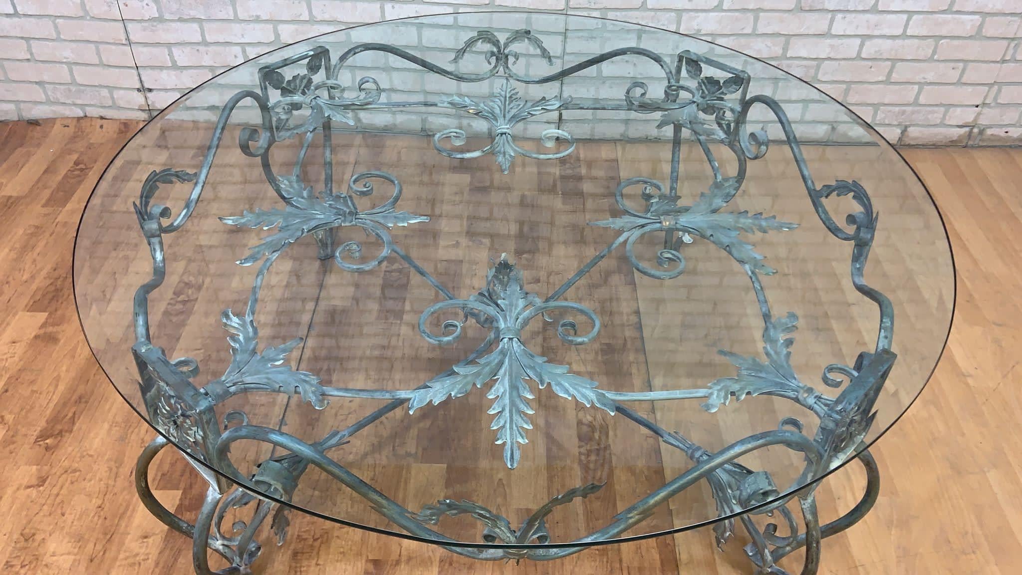 Vintage French Parisian Wrought Iron Octagonal Glass Top Coffee Table For Sale 8