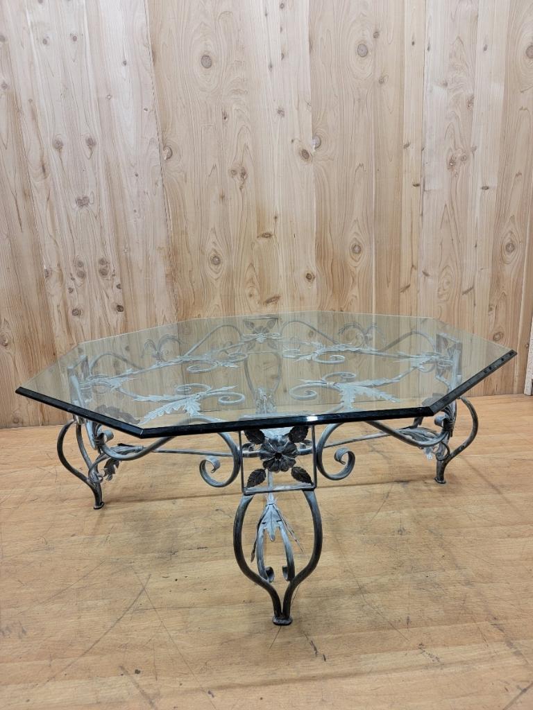 French Provincial Vintage French Parisian Wrought Iron Octagonal Glass Top Coffee Table For Sale