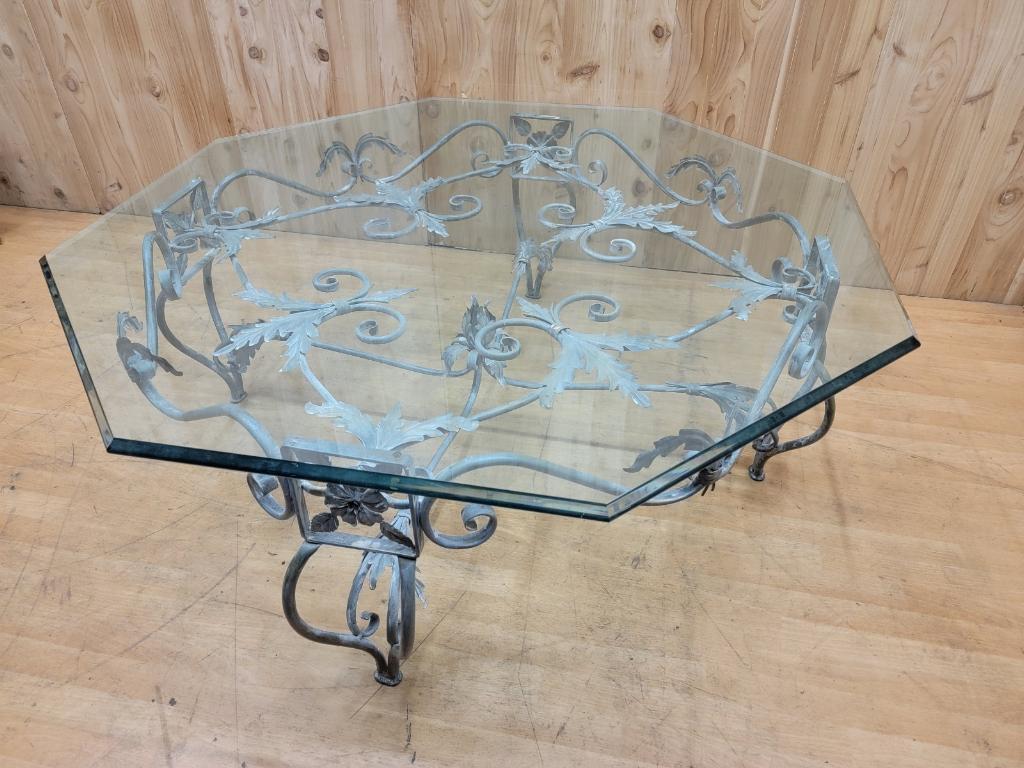 Hand-Crafted Vintage French Parisian Wrought Iron Octagonal Glass Top Coffee Table For Sale
