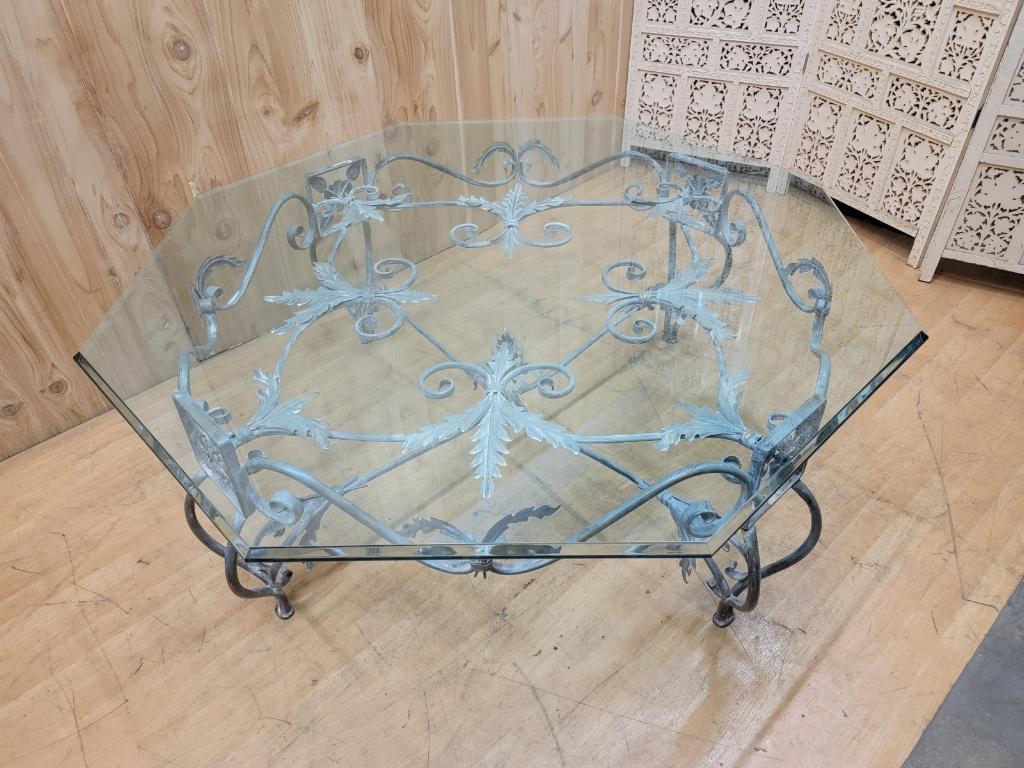 Vintage French Parisian Wrought Iron Octagonal Glass Top Coffee Table In Good Condition For Sale In Chicago, IL