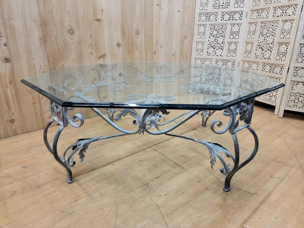 20th Century Vintage French Parisian Wrought Iron Octagonal Glass Top Coffee Table For Sale