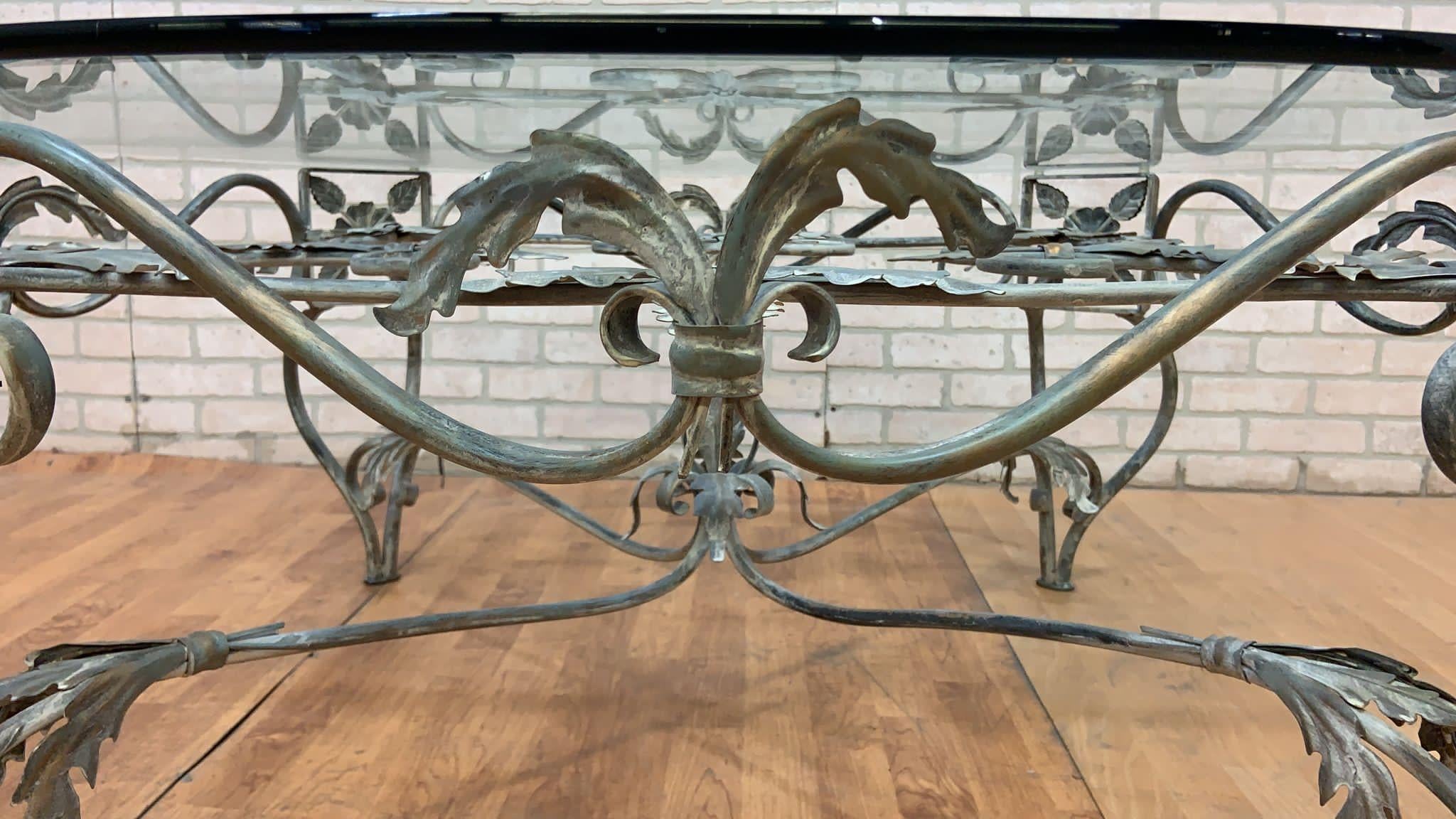 Vintage French Parisian Wrought Iron Octagonal Glass Top Coffee Table For Sale 2