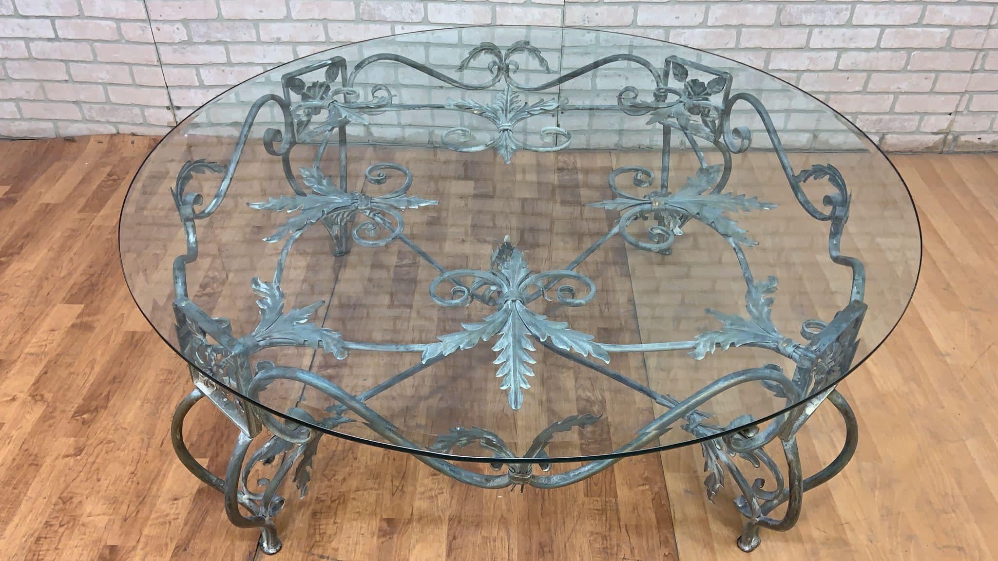 Vintage French Parisian Wrought Iron Octagonal Glass Top Coffee Table For Sale 3