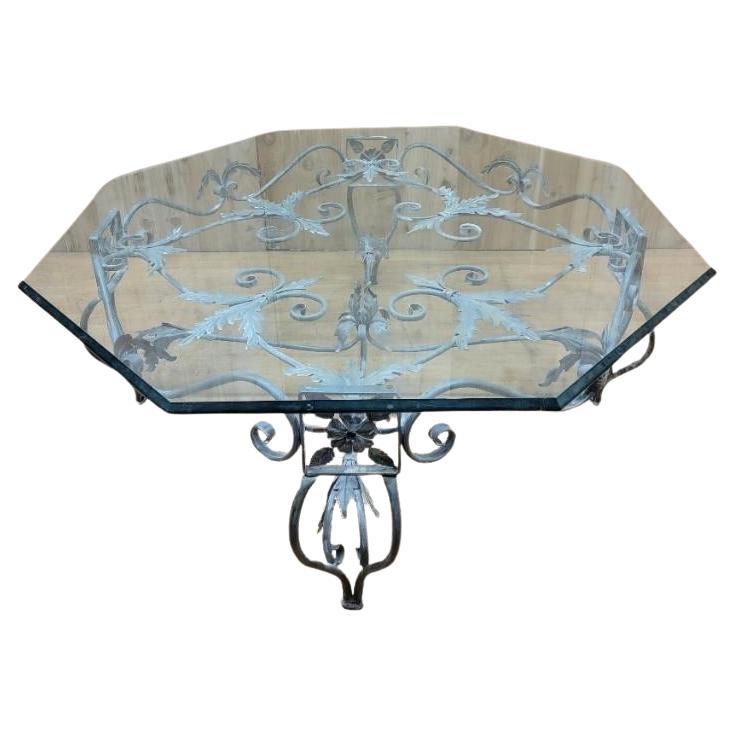 Vintage French Parisian Wrought Iron Octagonal Glass Top Coffee Table