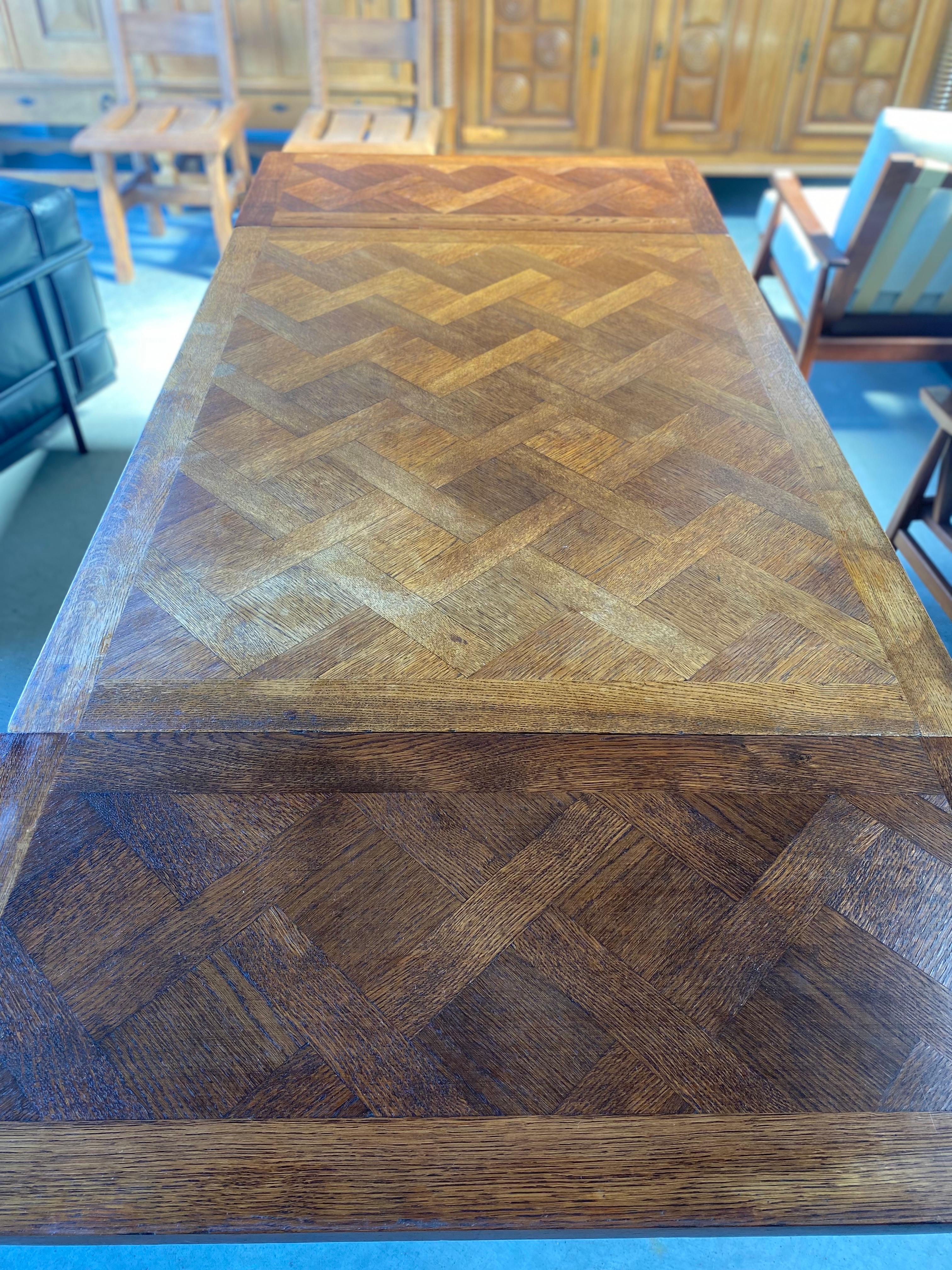 Vintage French Parquet Draw Leaf Dining Table In Good Condition In San Antonio, TX
