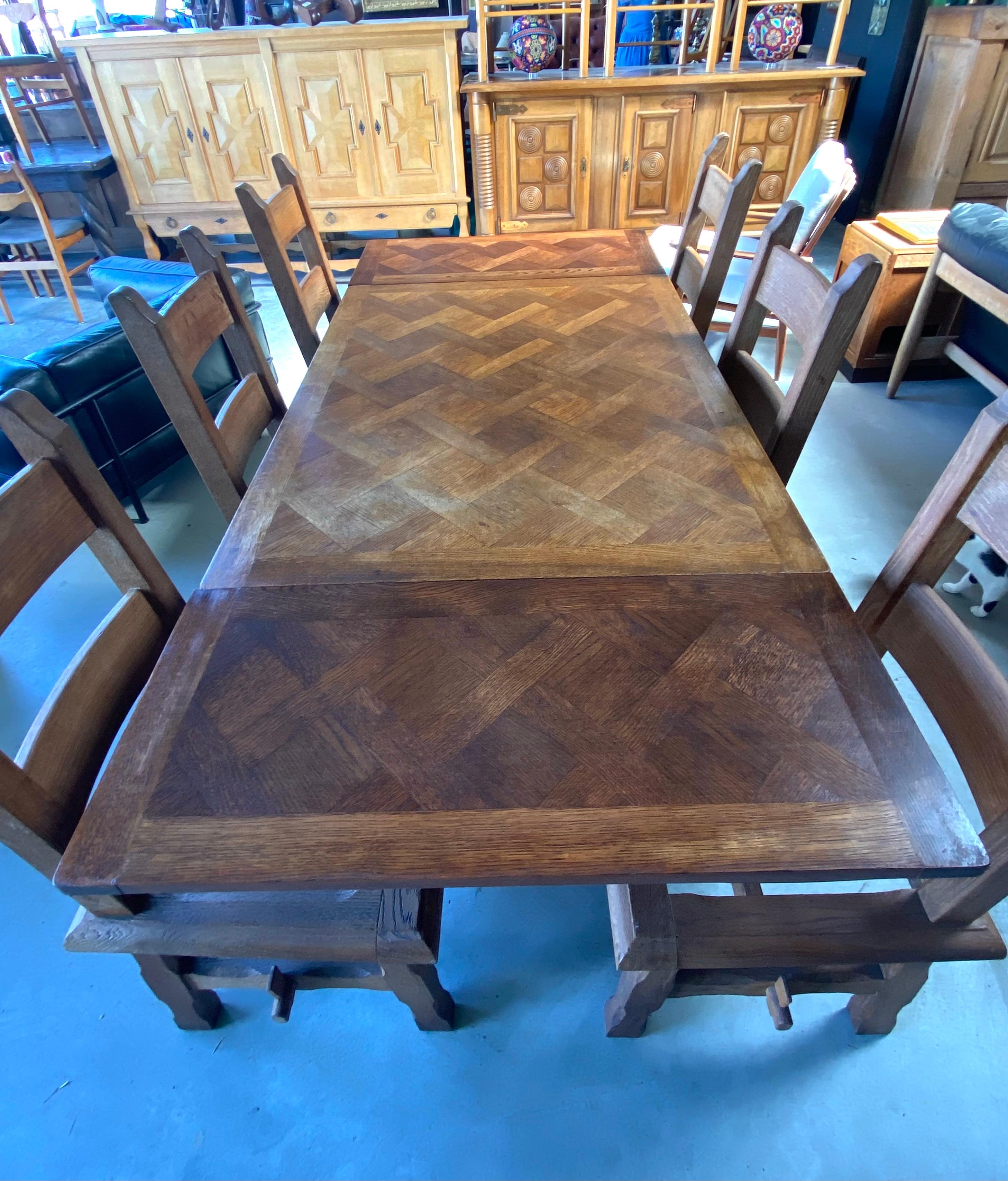 20th Century Vintage French Parquet Draw Leaf Dining Table