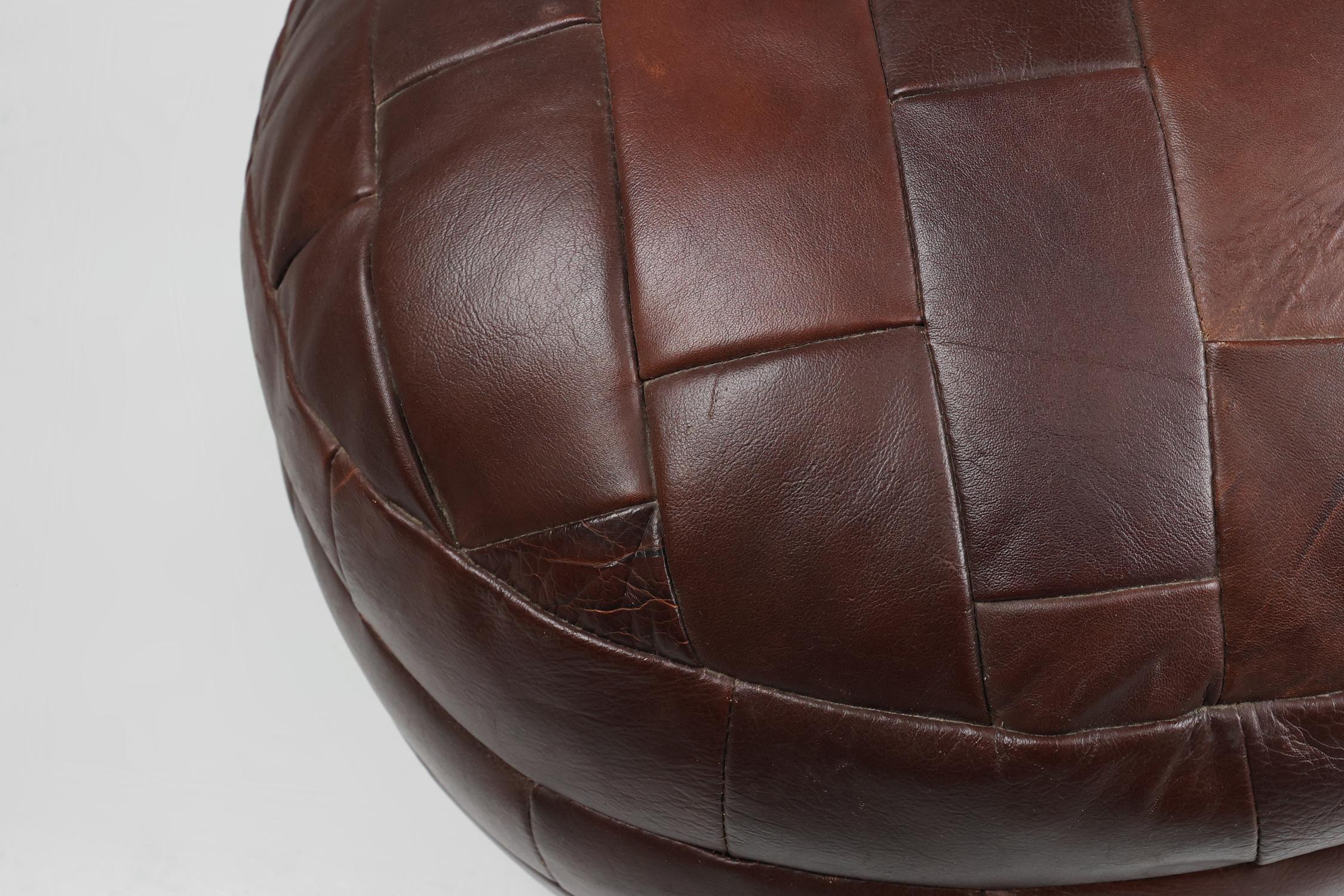 Leather Vintage French patchwork leather ottoman, bean bag or pouf, 1960s For Sale