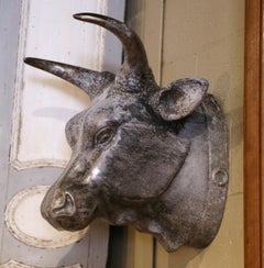 Vintage French Patinated Iron Butcher Bull Head Wall Sculpture