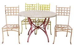 Vintage French Patio Marble Top Table Wrought Iron Base & Set of Four Chairs