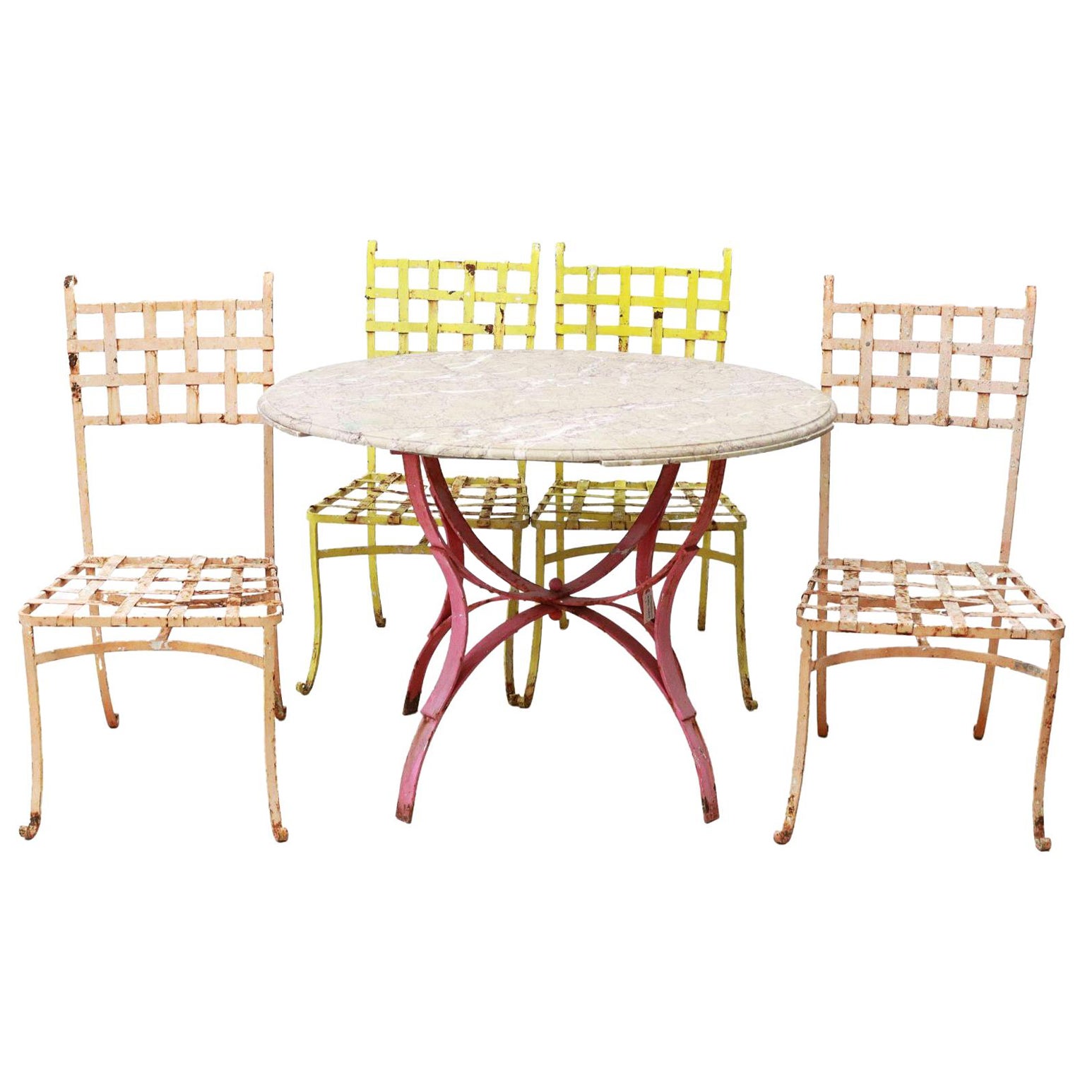 Vintage French Patio Marble Top Table Wrought Iron Base & Set of Four Chairs