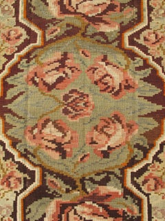 Vintage Persian Kilim Rug with Rosette Medallion in Rose, Sage Green and Brown