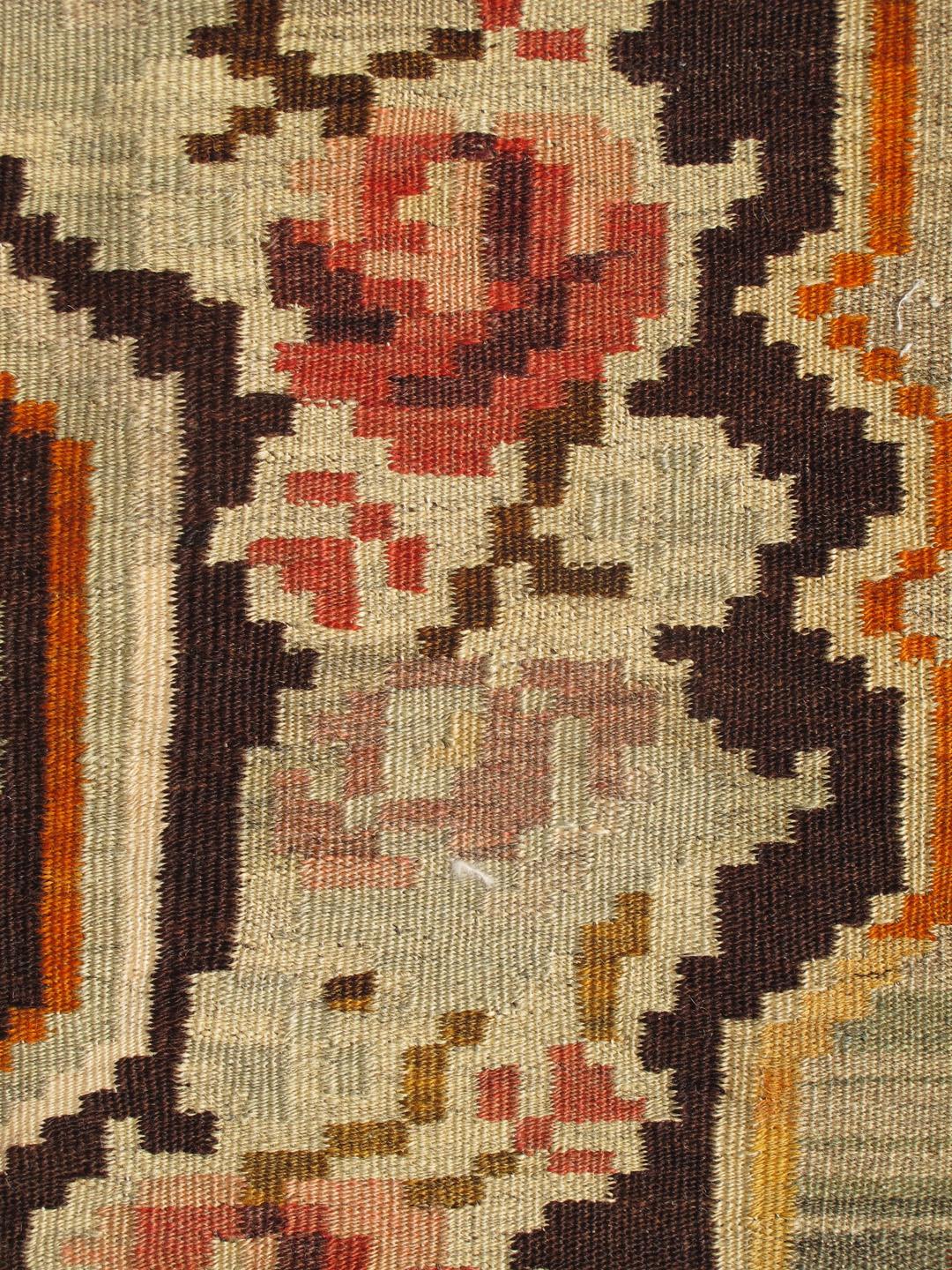 Vintage French Pattern Kilim in Green, brown and Multi Colors In Excellent Condition For Sale In Atlanta, GA