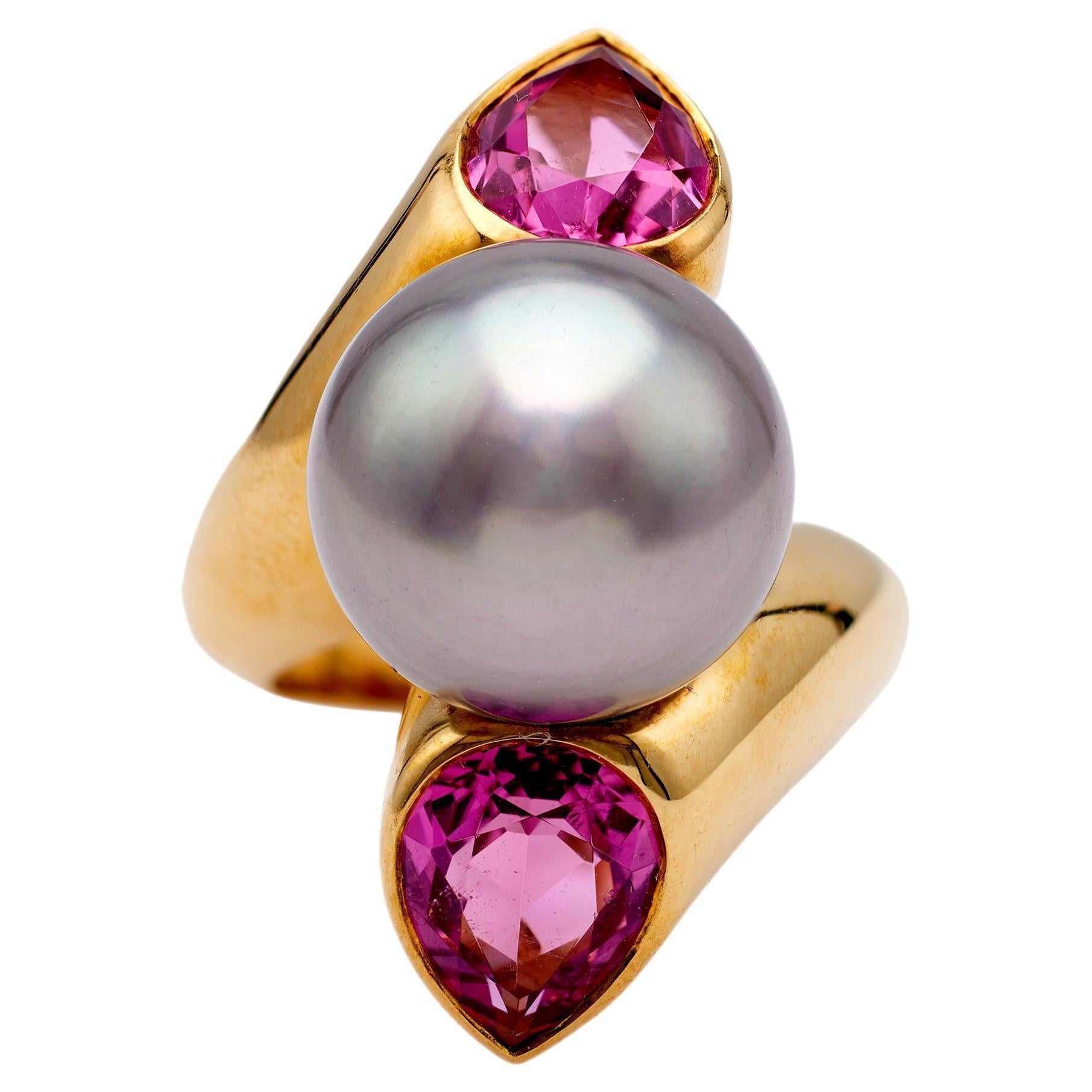 Vintage French Pearl and Tourmaline 18k Yellow Gold Ring