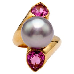 Vintage French Pearl and Tourmaline 18k Yellow Gold Ring