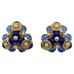 Pendientes vintage franceses de perlas y cristal azul años 40