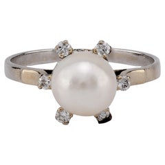 Vintage French Pearl Diamond 18K White Gold Solitaire Ring