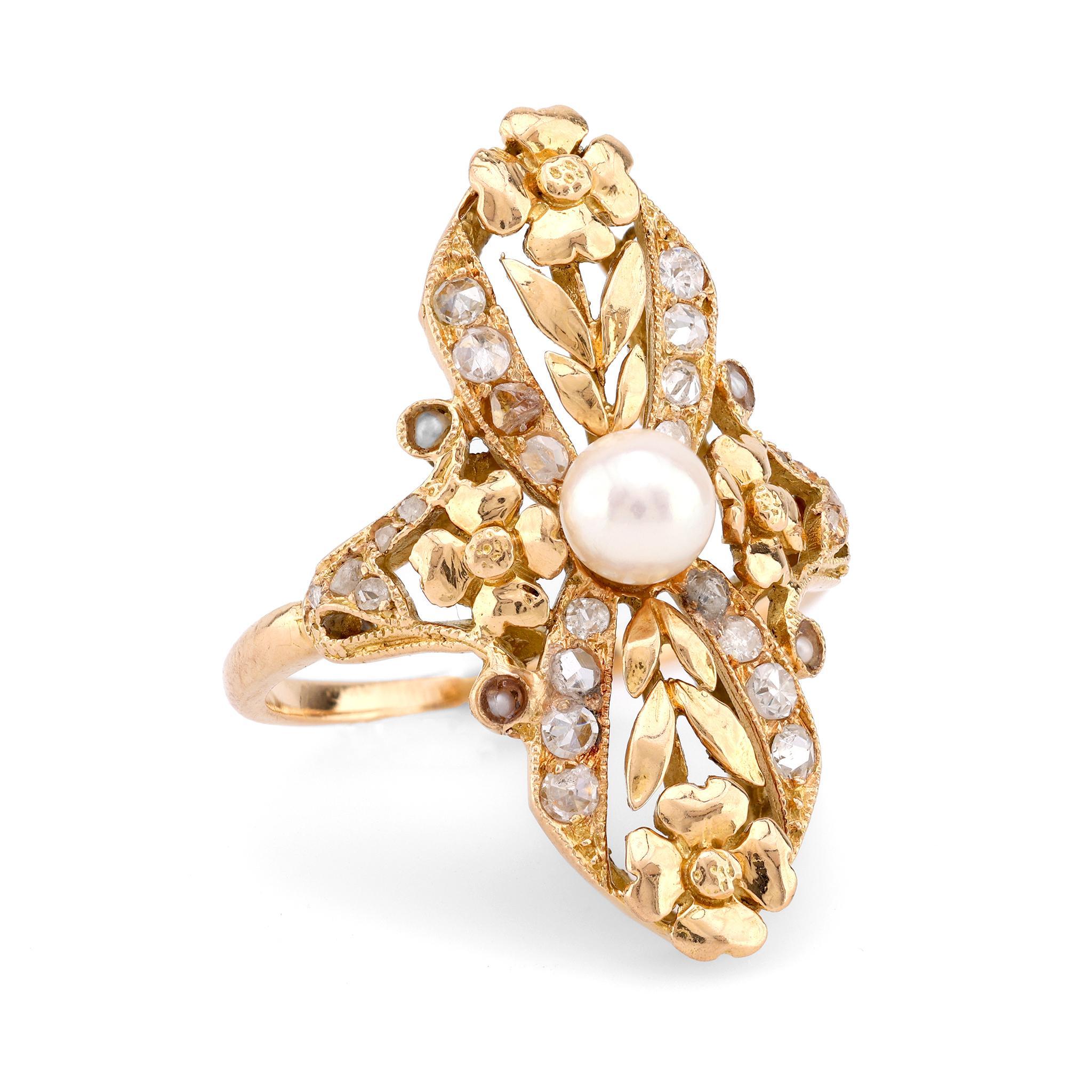 Round Cut Vintage French Pearl Diamond 18K Yellow Gold Cocktail Ring