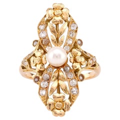 Vintage French Pearl Diamond 18K Yellow Gold Cocktail Ring