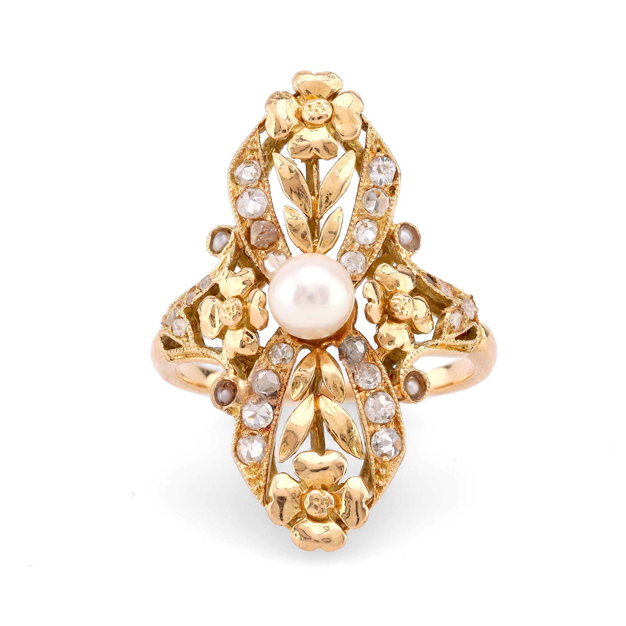 Bague cocktail française vintage en or jaune 18 carats avec perles et diamants