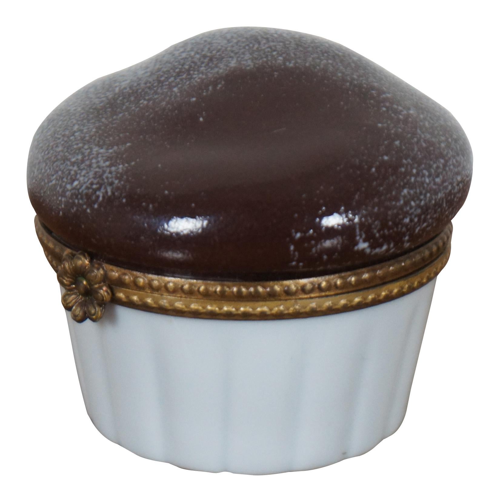Vintage Peint Main Eximious Limoges France porcelain trinket box in the shape of a chocolate souffle or cupcake in white paper with a chocolate iced top sprinkled with powered sugar. Measure: 2