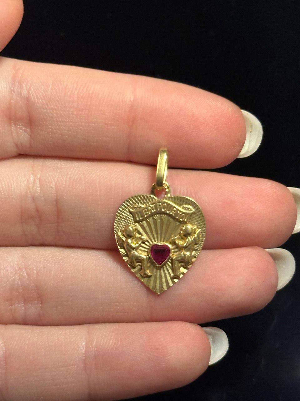 Vintage French Pendant Angels Ruby Heart Il Bat Pour Toi 18k Yellow Gold 9