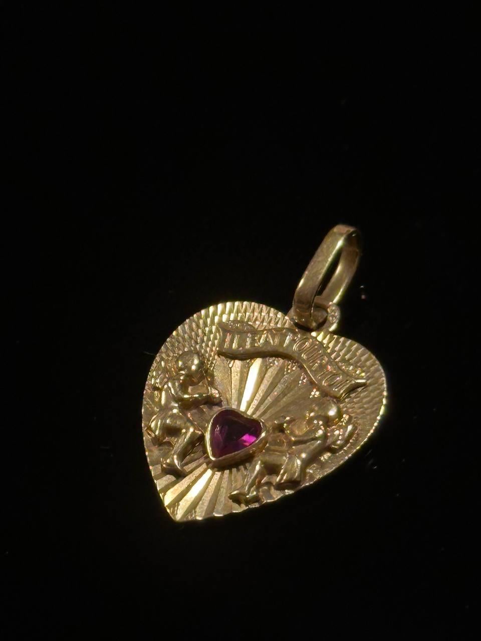 Art Nouveau Vintage French Pendant Angels Ruby Heart Il Bat Pour Toi 18k Yellow Gold