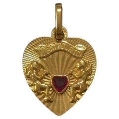 Französischer Vintage-Anhänger, Engel, Rubin, Herz, Il Bat Pour Toi, 18 Karat Gelbgold