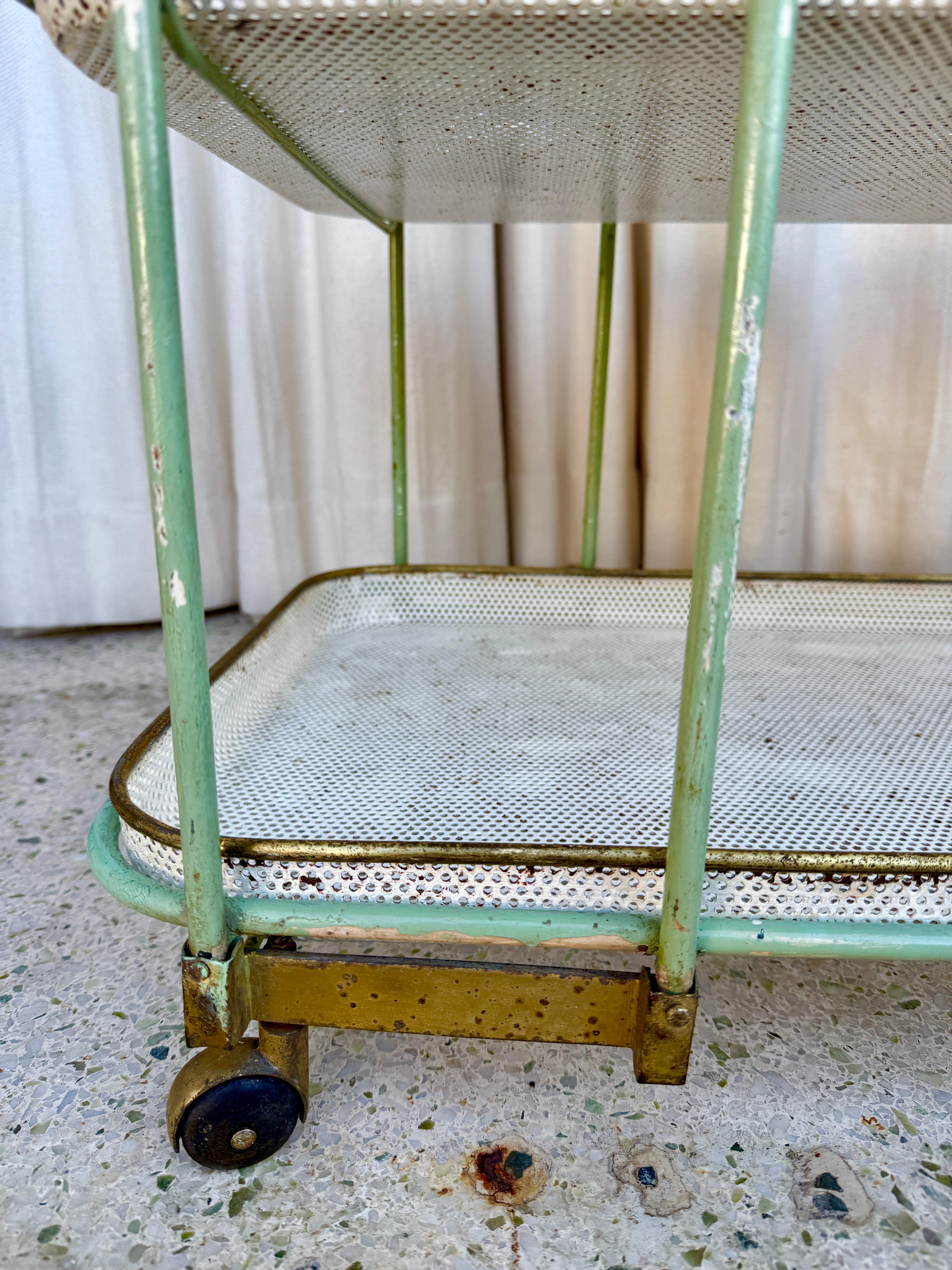 Vintage French Perforated Mesh Three-Tier Bar Cart, Mategot Style For Sale 4