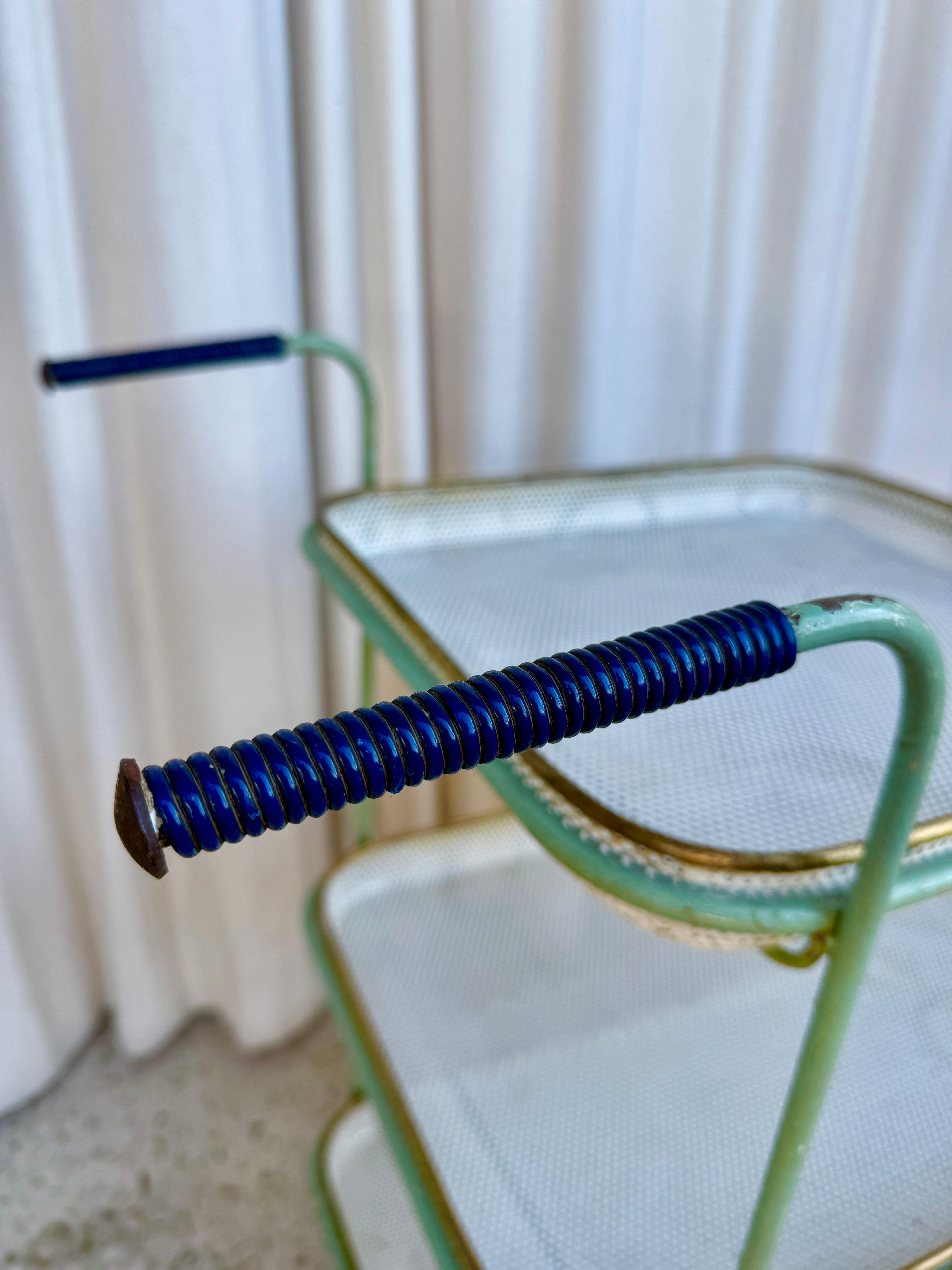 Vintage French Perforated Mesh Three-Tier Bar Cart, Mategot Style In Good Condition For Sale In North Miami, FL
