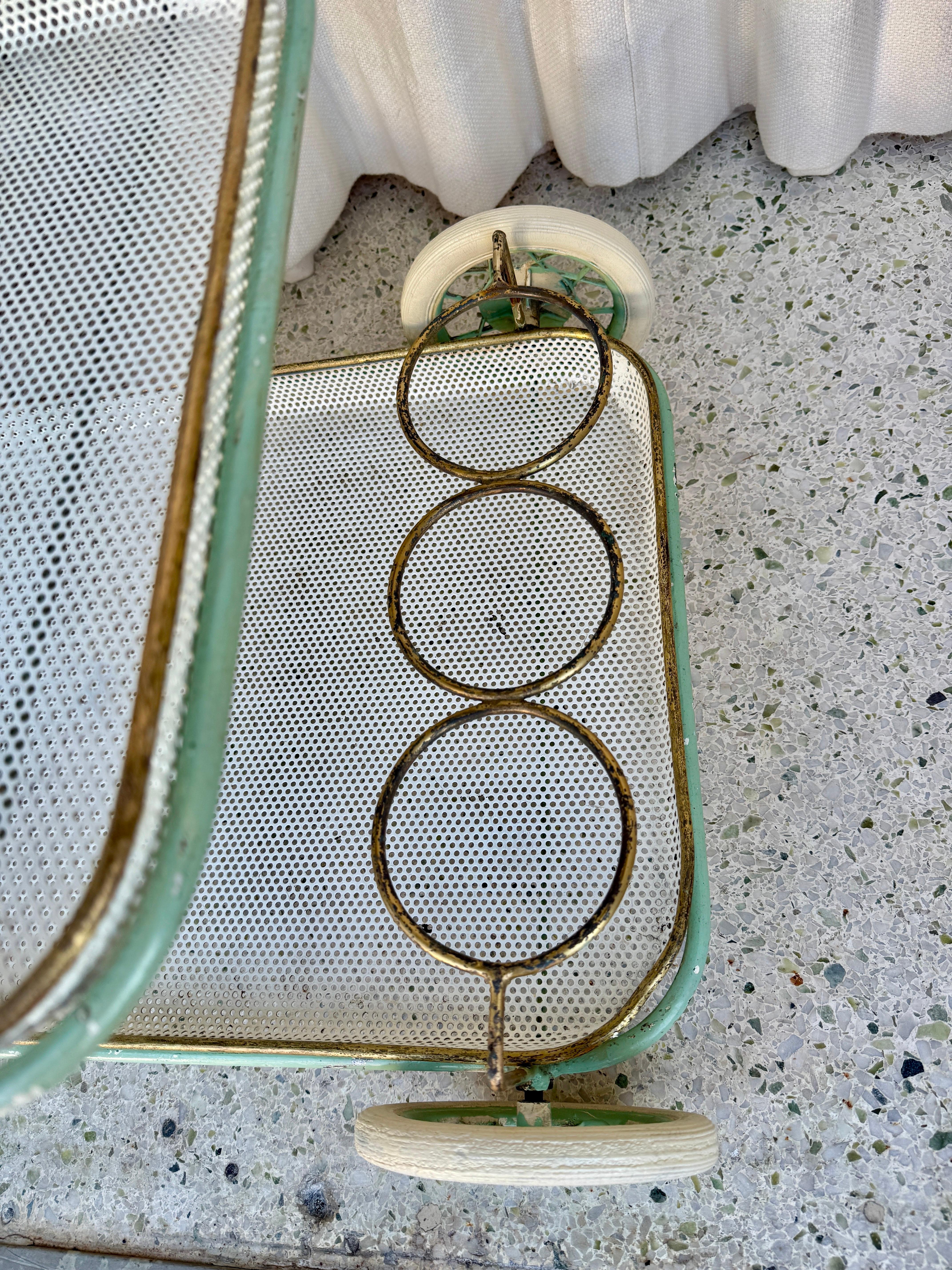 Mid-20th Century Vintage French Perforated Mesh Three-Tier Bar Cart, Mategot Style For Sale
