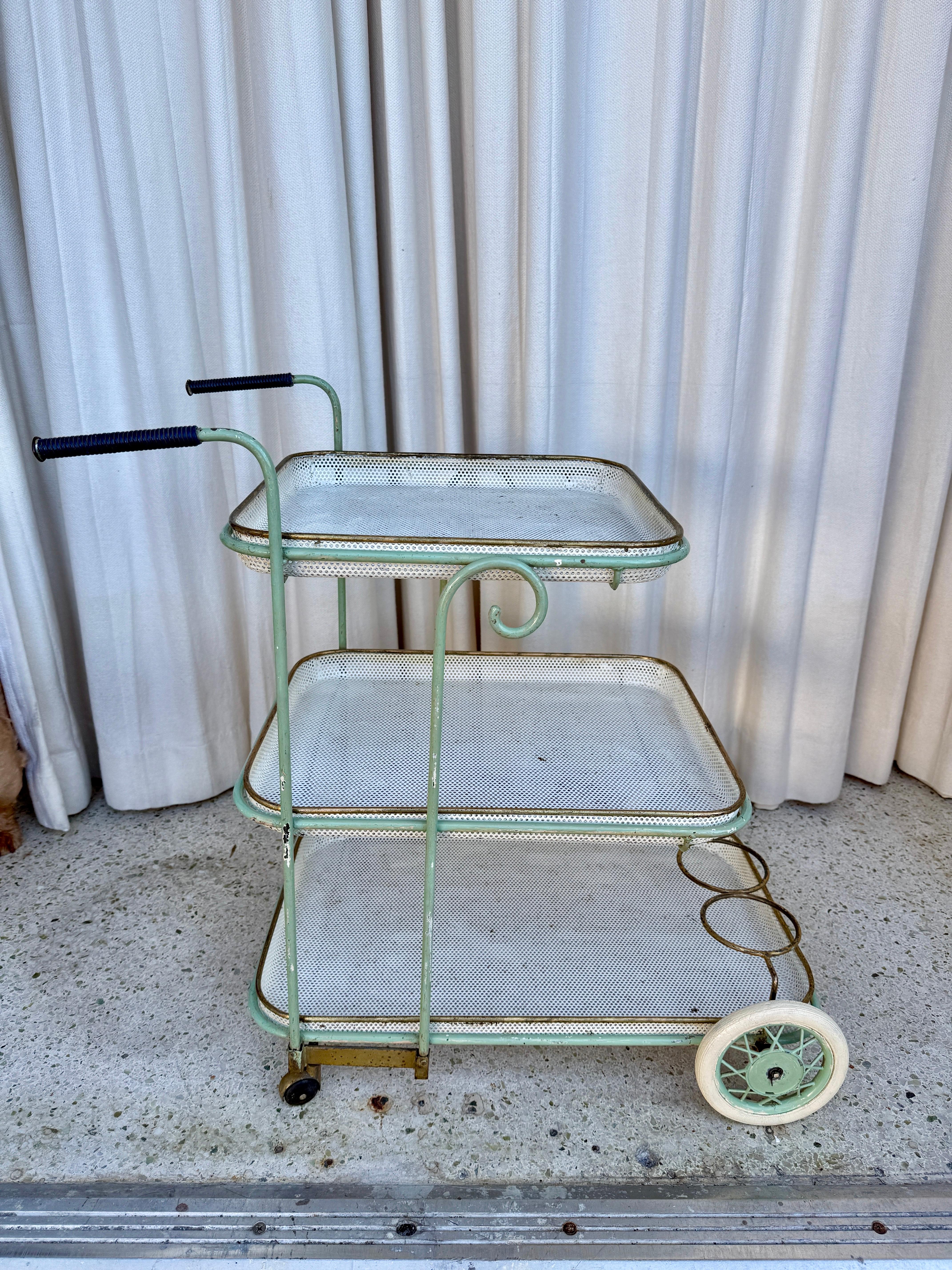 Metal Vintage French Perforated Mesh Three-Tier Bar Cart, Mategot Style For Sale
